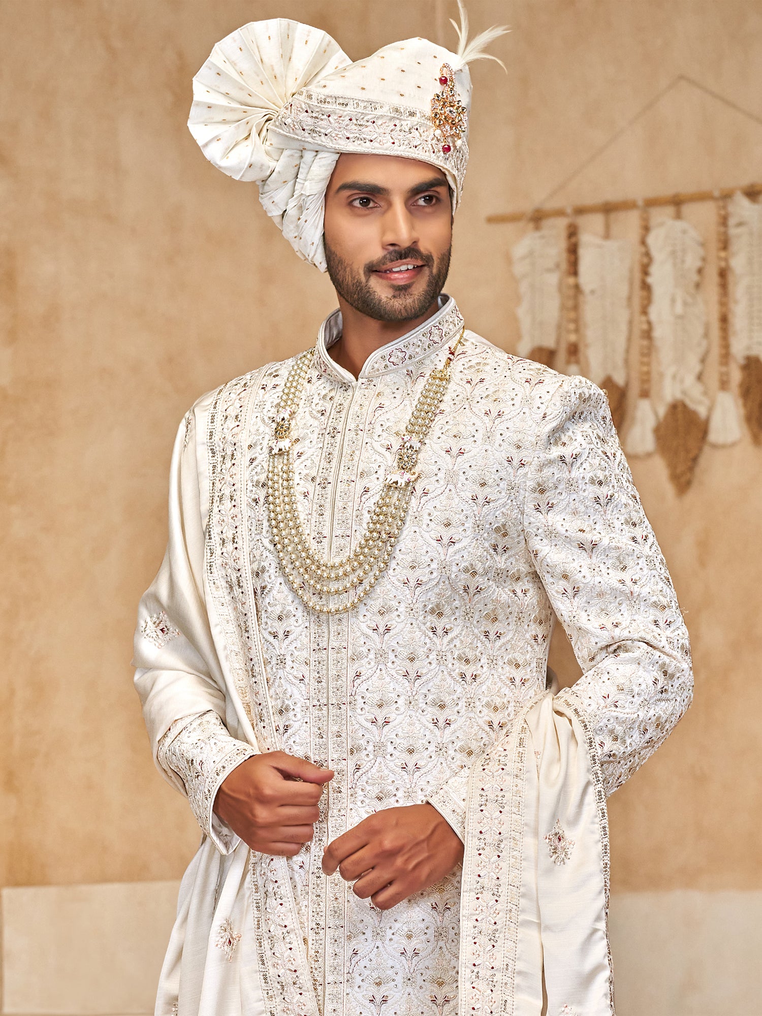 White Thread Enhanced Silk Sherwani With Stole