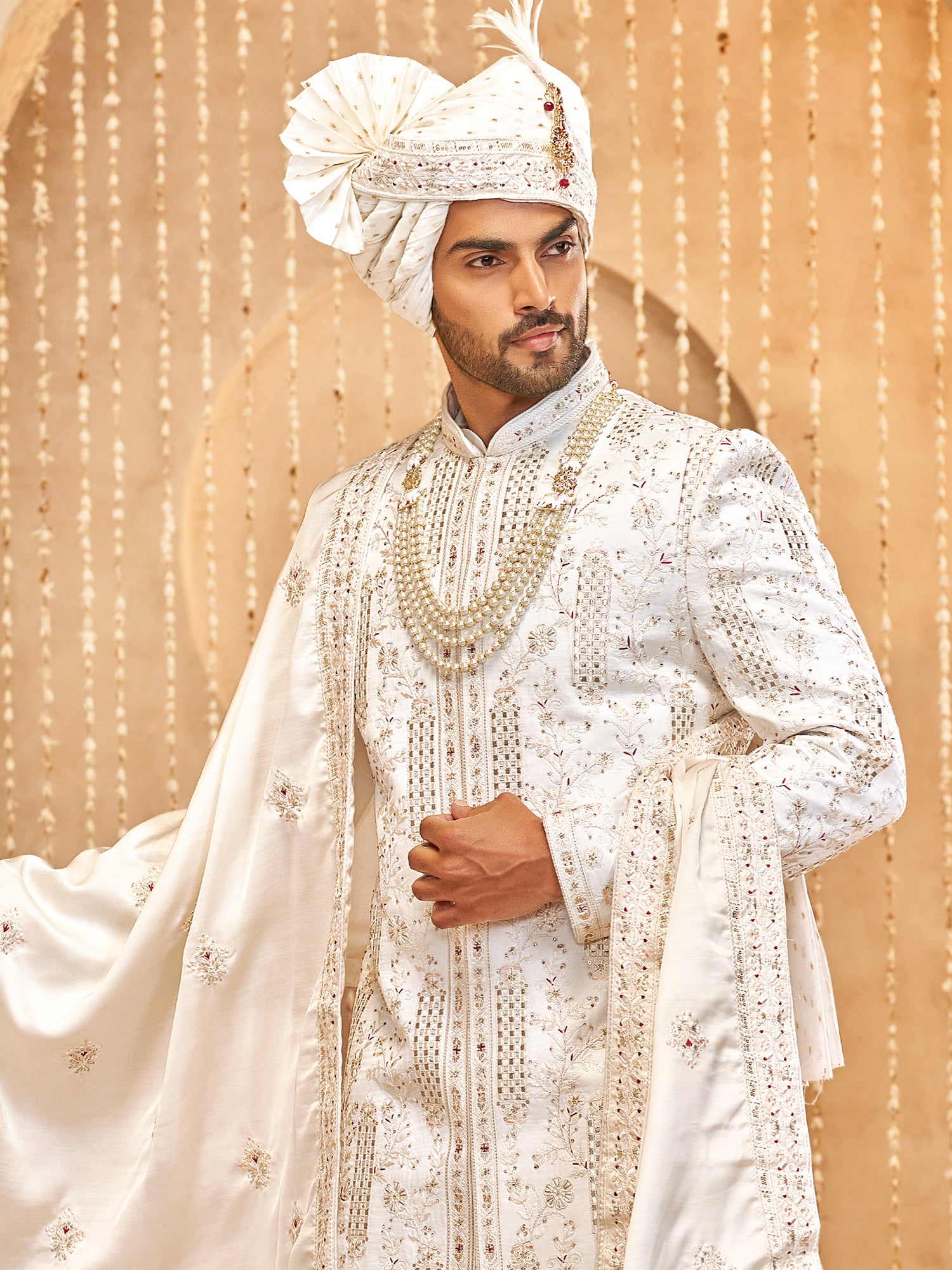 White Stone Augmented Sherwani For Groom In Silk