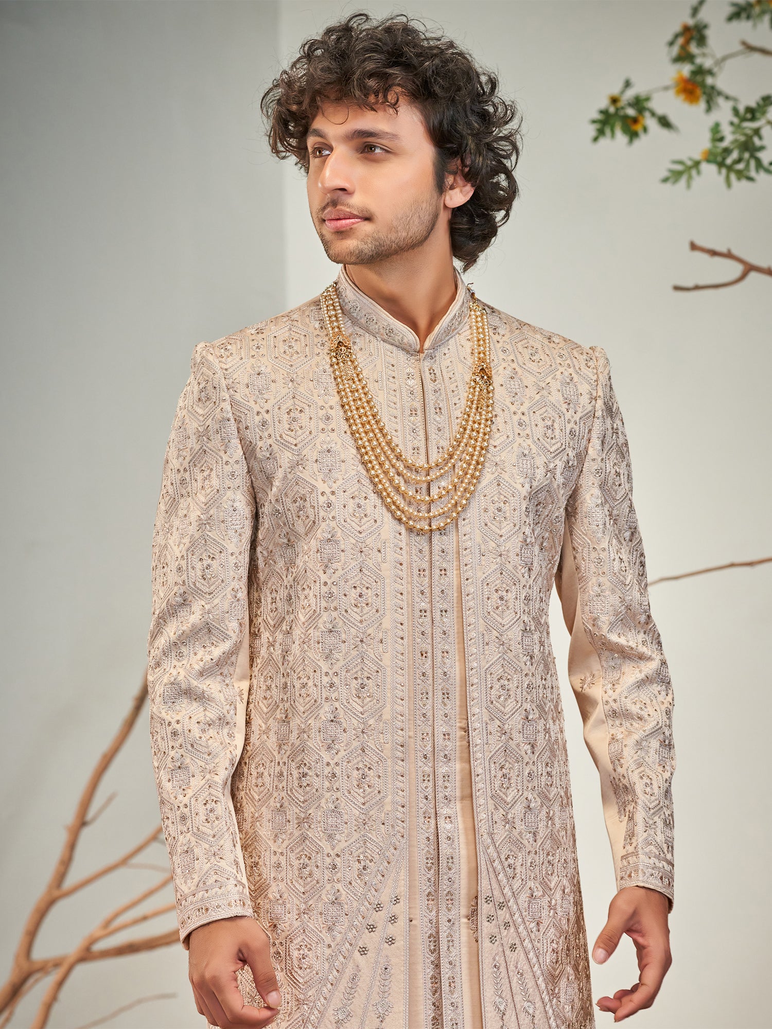 Beige Wedding Men's Sherwani In Layered Pattern