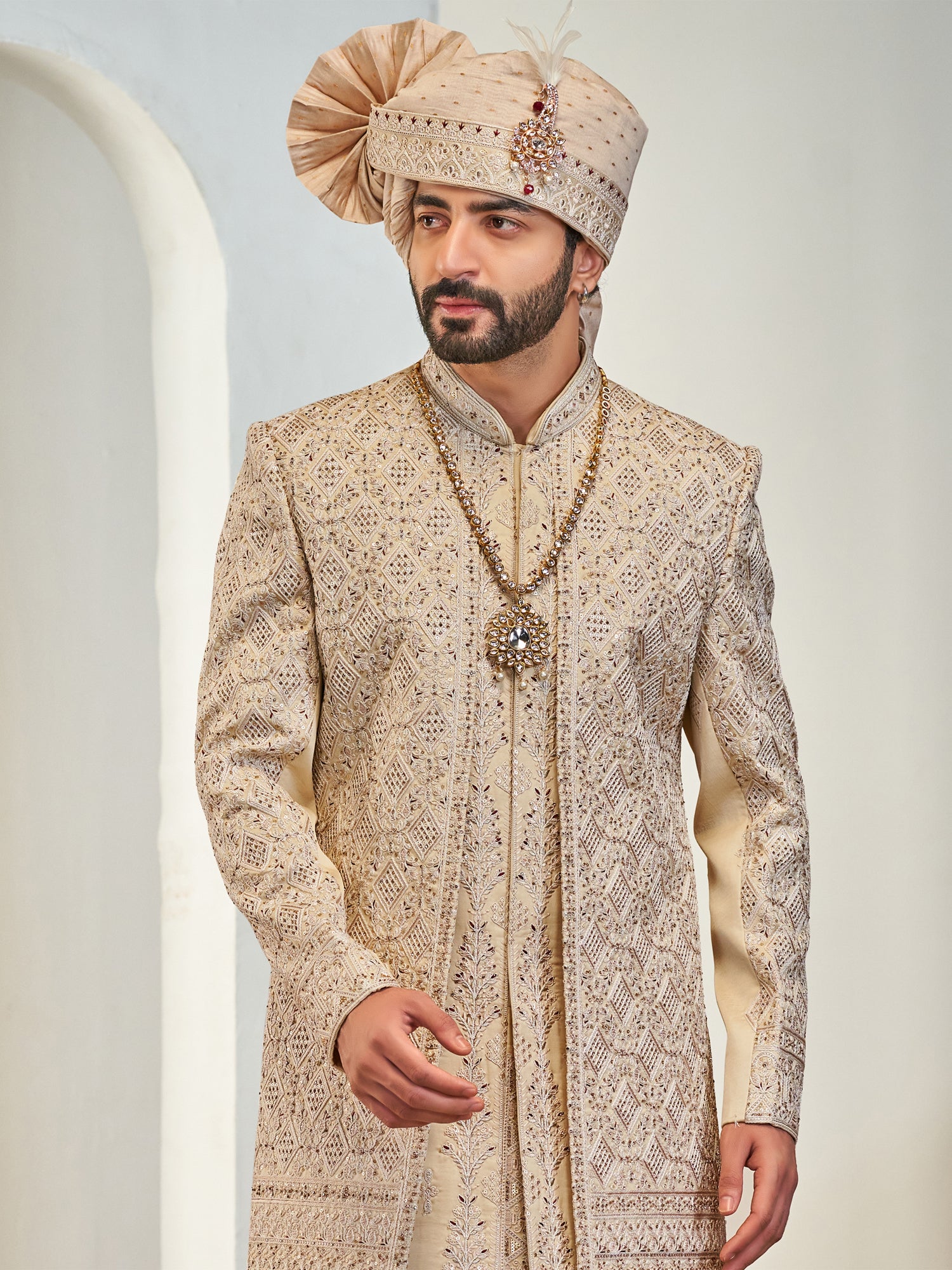 Ivory Golden Men's Heavy Embroidered Layered Sherwani