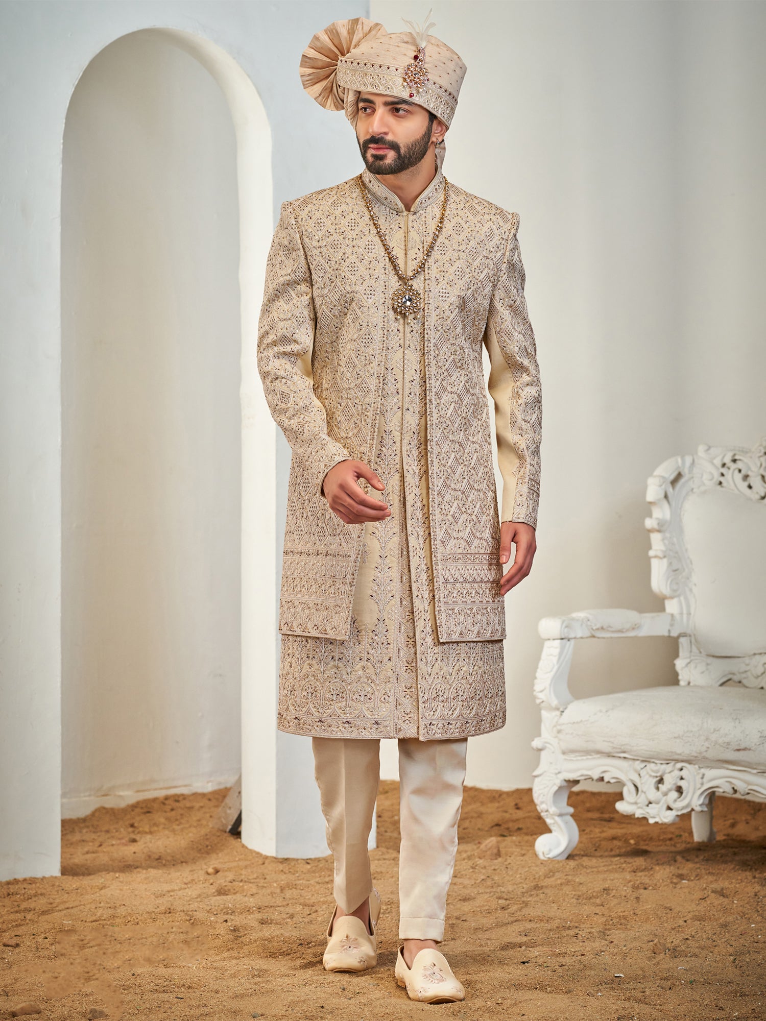 Ivory Golden Men's Heavy Embroidered Layered Sherwani
