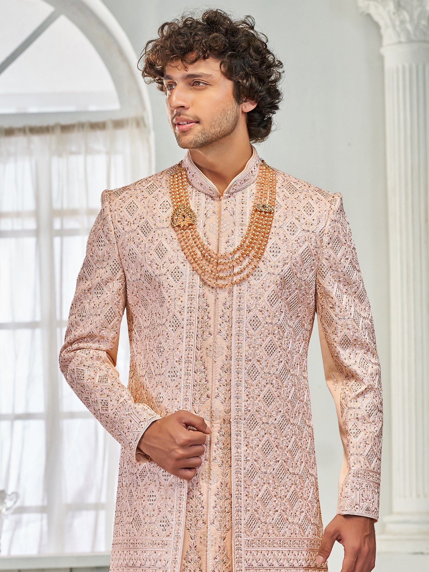 Light Peach Layered Pattern Sherwani In Stone Work