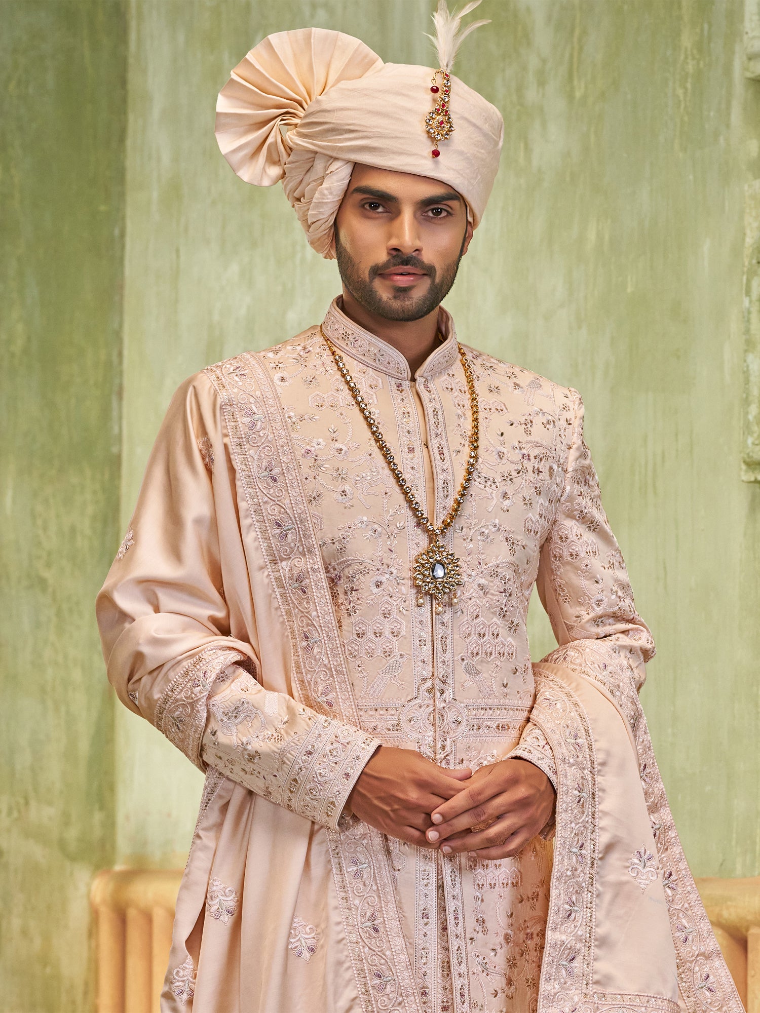 Peach Wedding Wear Sherwani Set Stone Embellishment