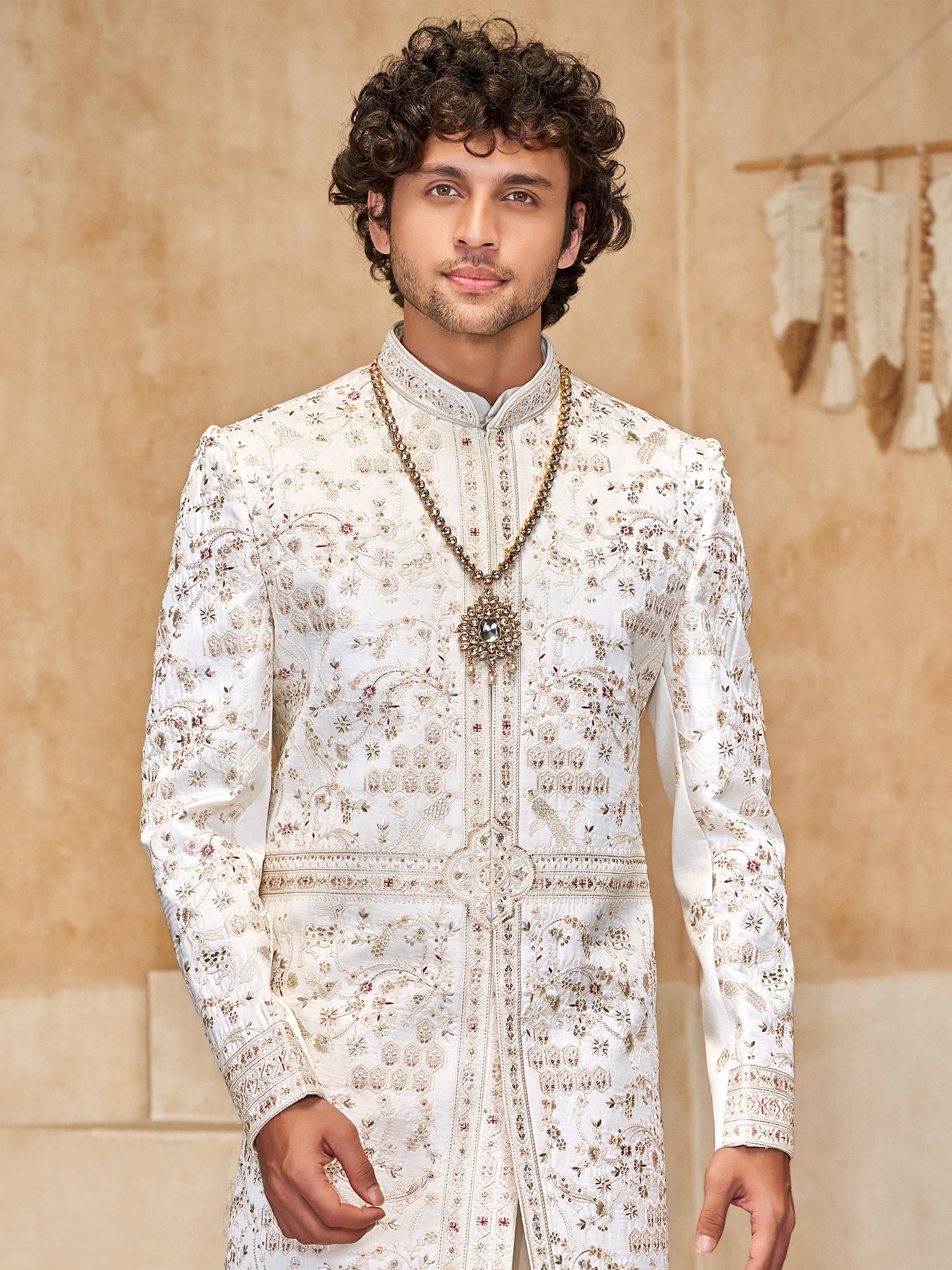 White Sequins Augmented Silk Sherwani For Groom