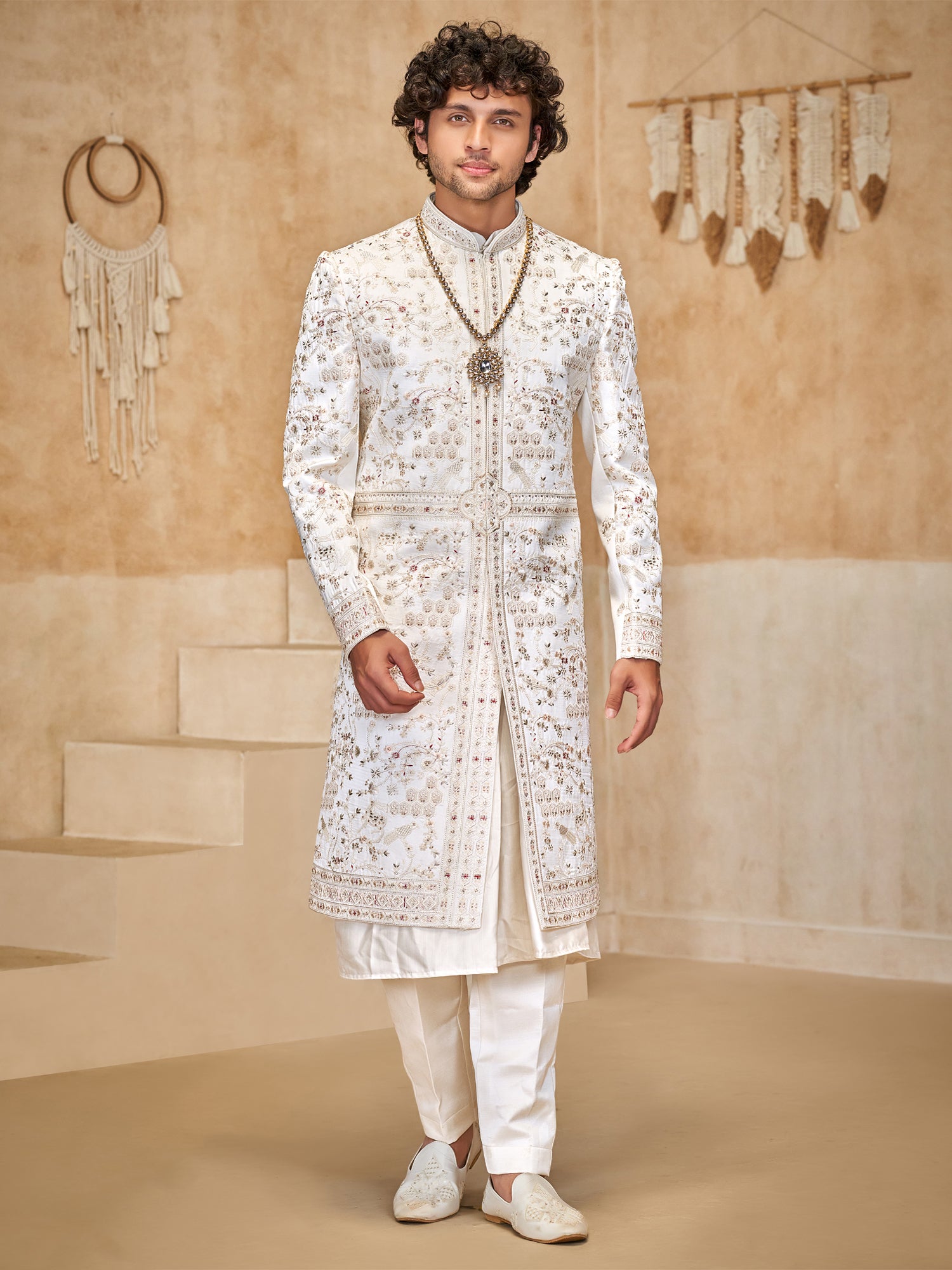 White Sequins Augmented Silk Sherwani For Groom