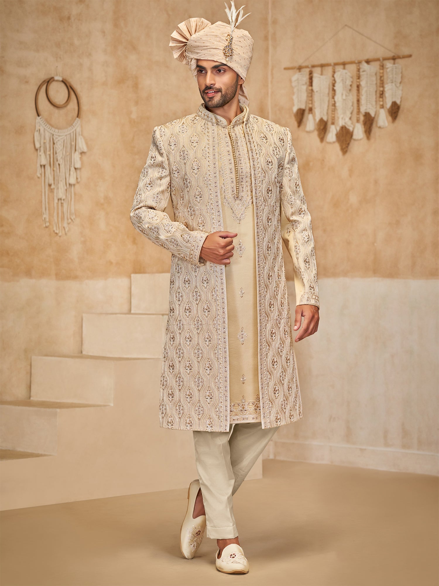 Beige Wedding Sherwani With Embroidered Jacket