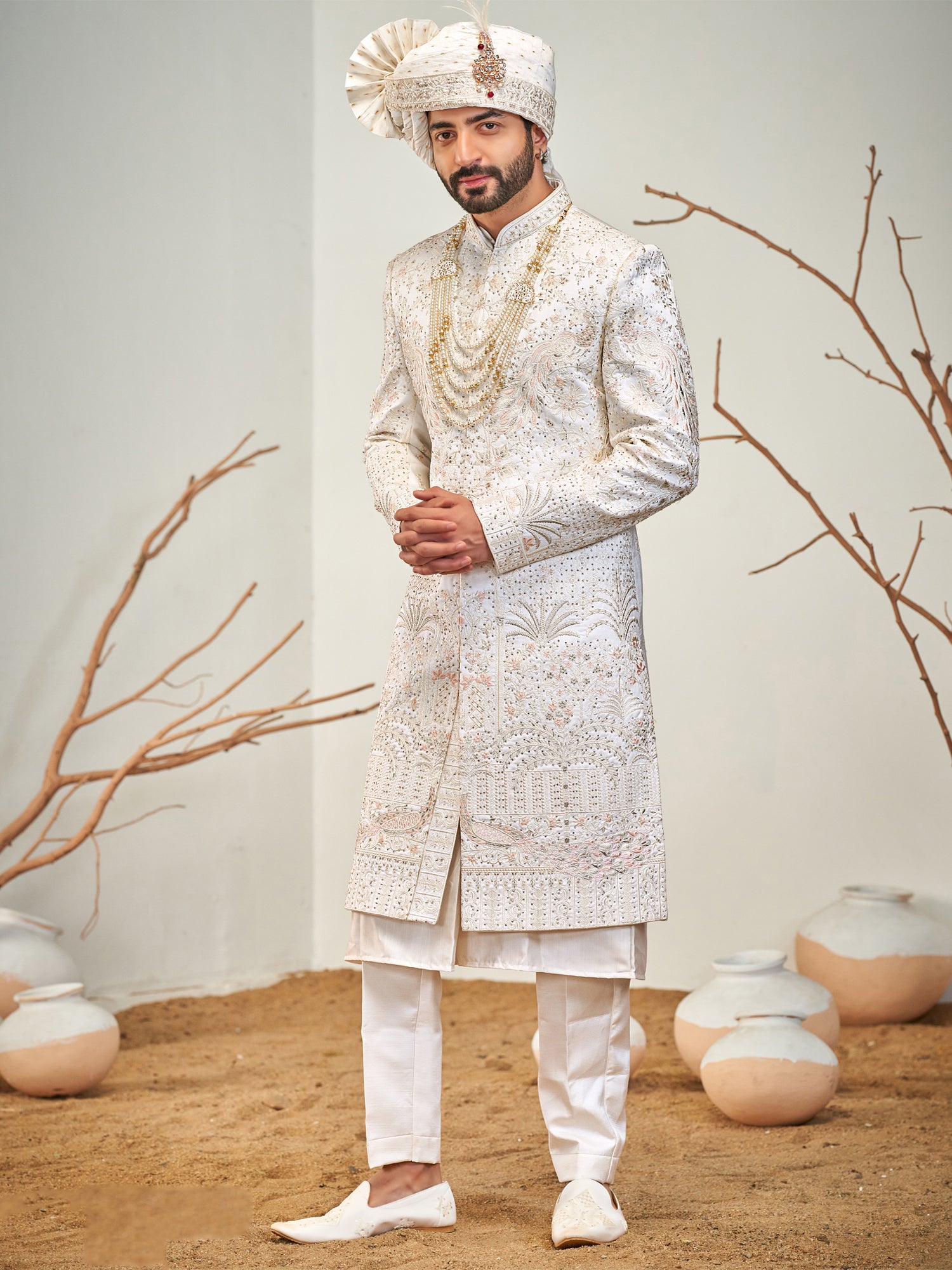White Men's Sherwani With Kurta In Heavy Embroidery