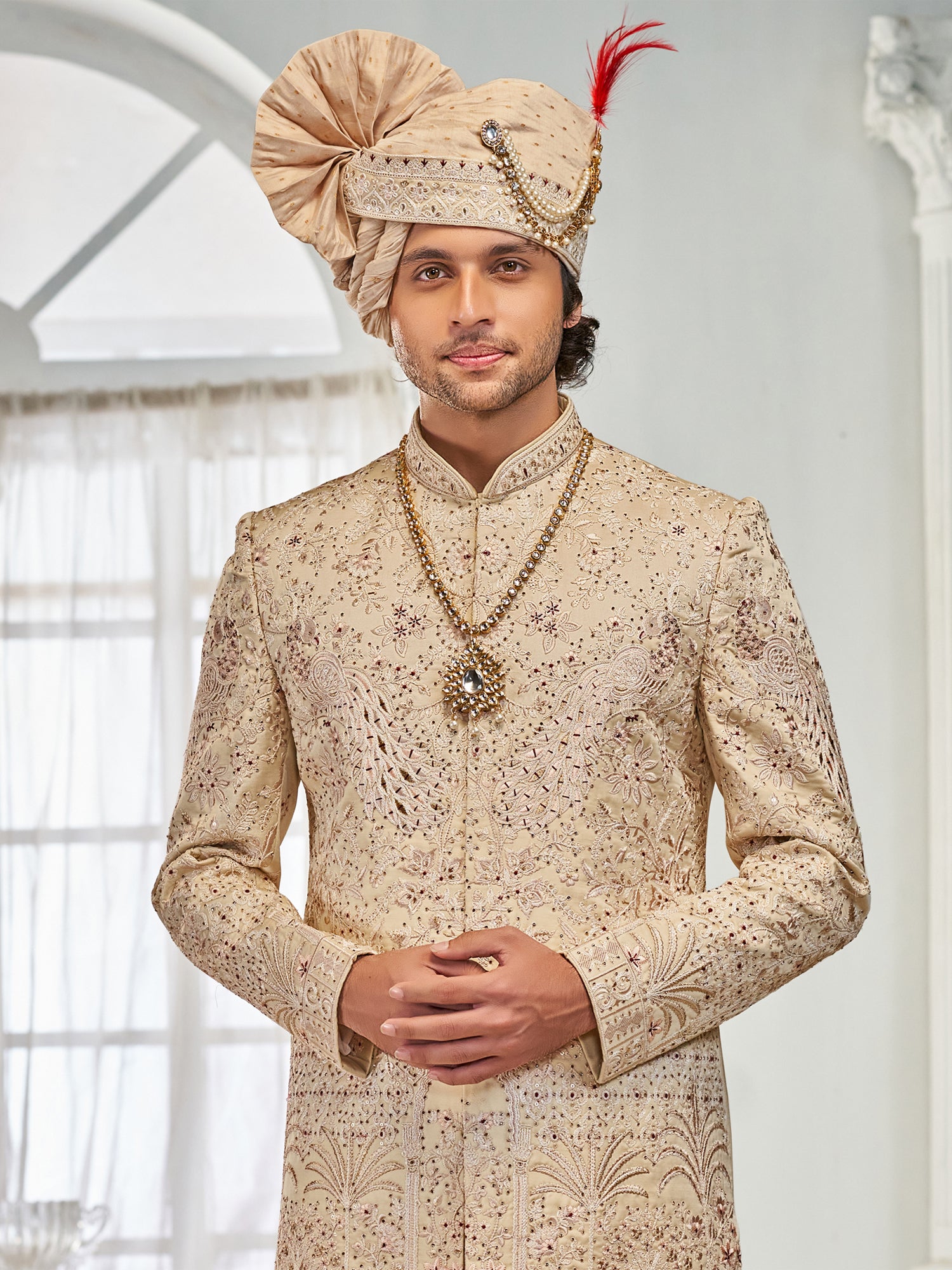 Golden Stone Embellished Sherwani In Anarkali Kurta