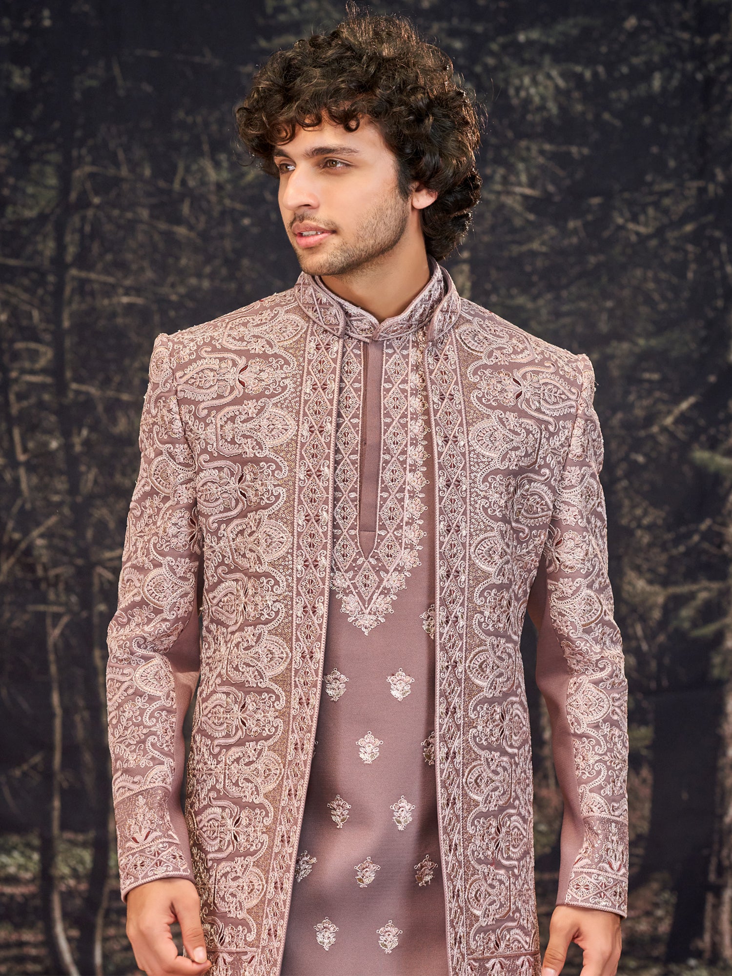 Onion Pink Wedding Indowestern With Open Jacket