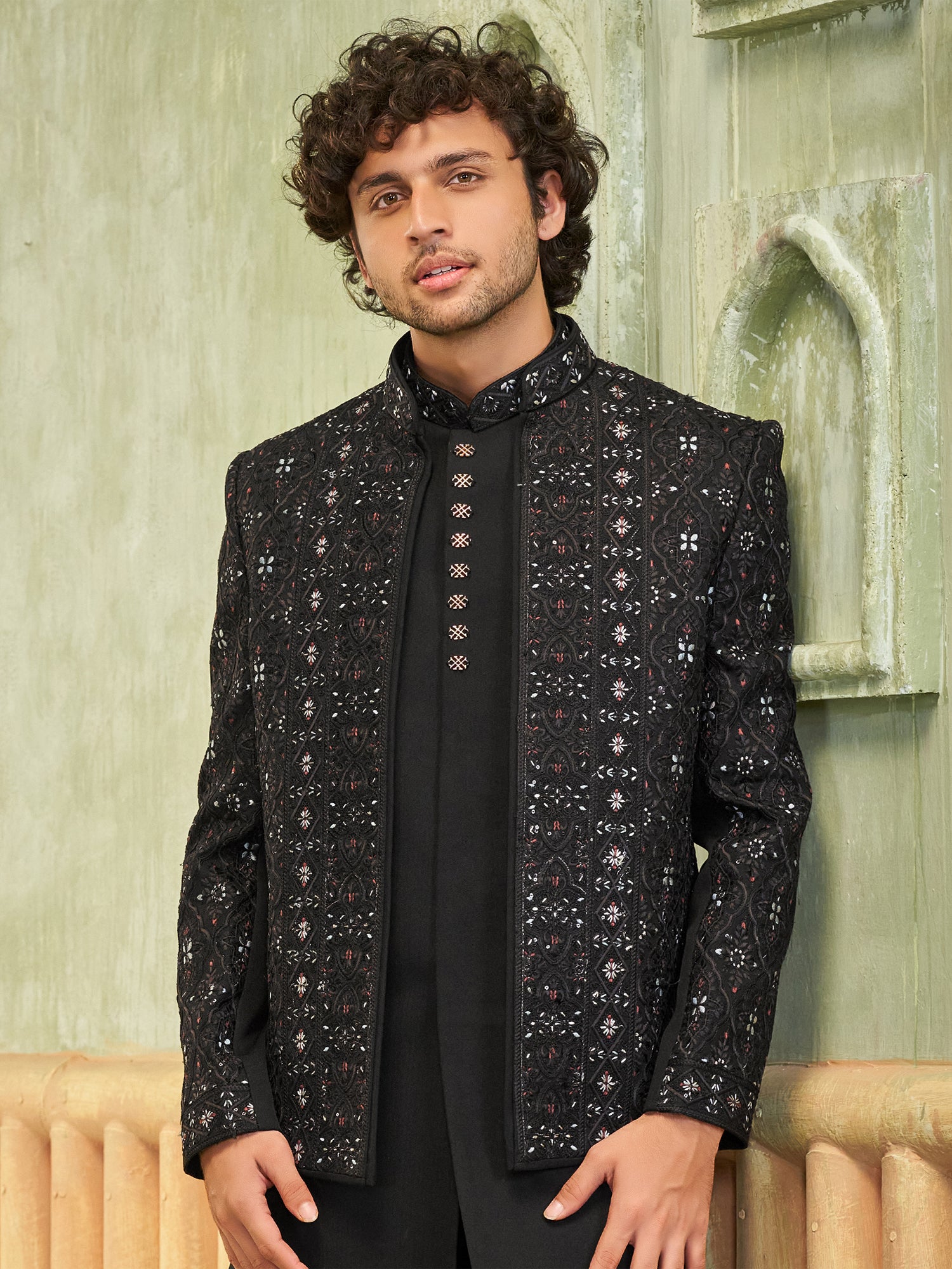 Black Menswear Indowestern With Embroidered Jacket