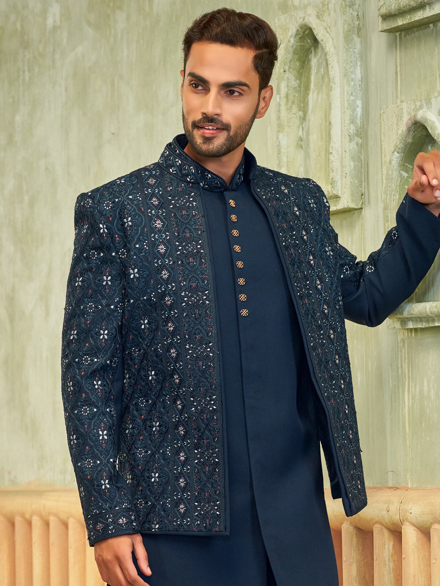 Rama Green Wedding Indowestern In Silk With Jacket