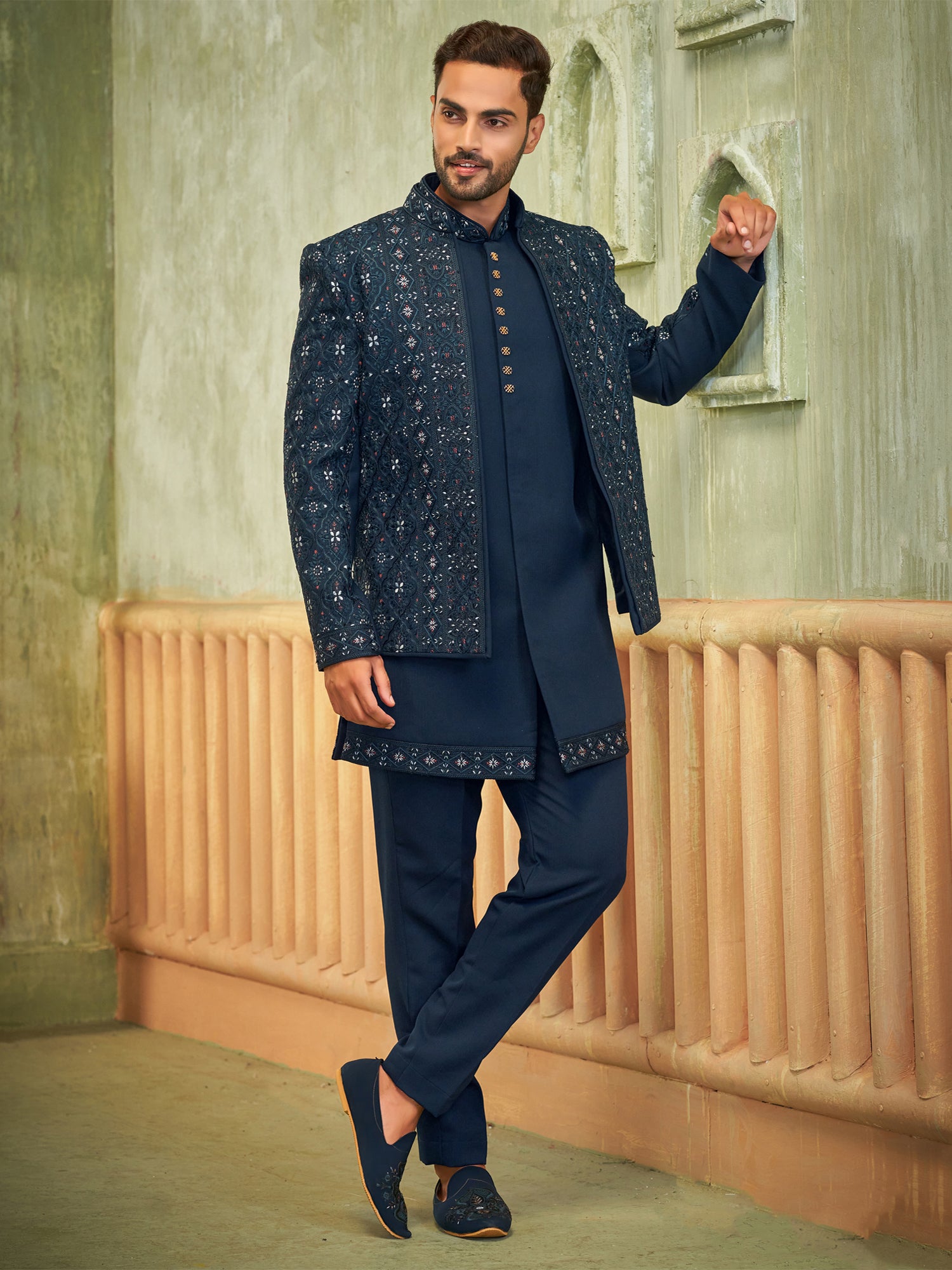 Rama Green Wedding Indowestern In Silk With Jacket