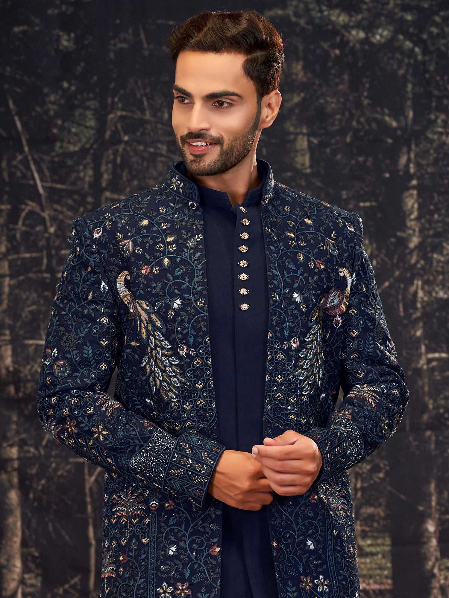 Navy Blue Jacket Style Indowestern In Heavy Embroidery