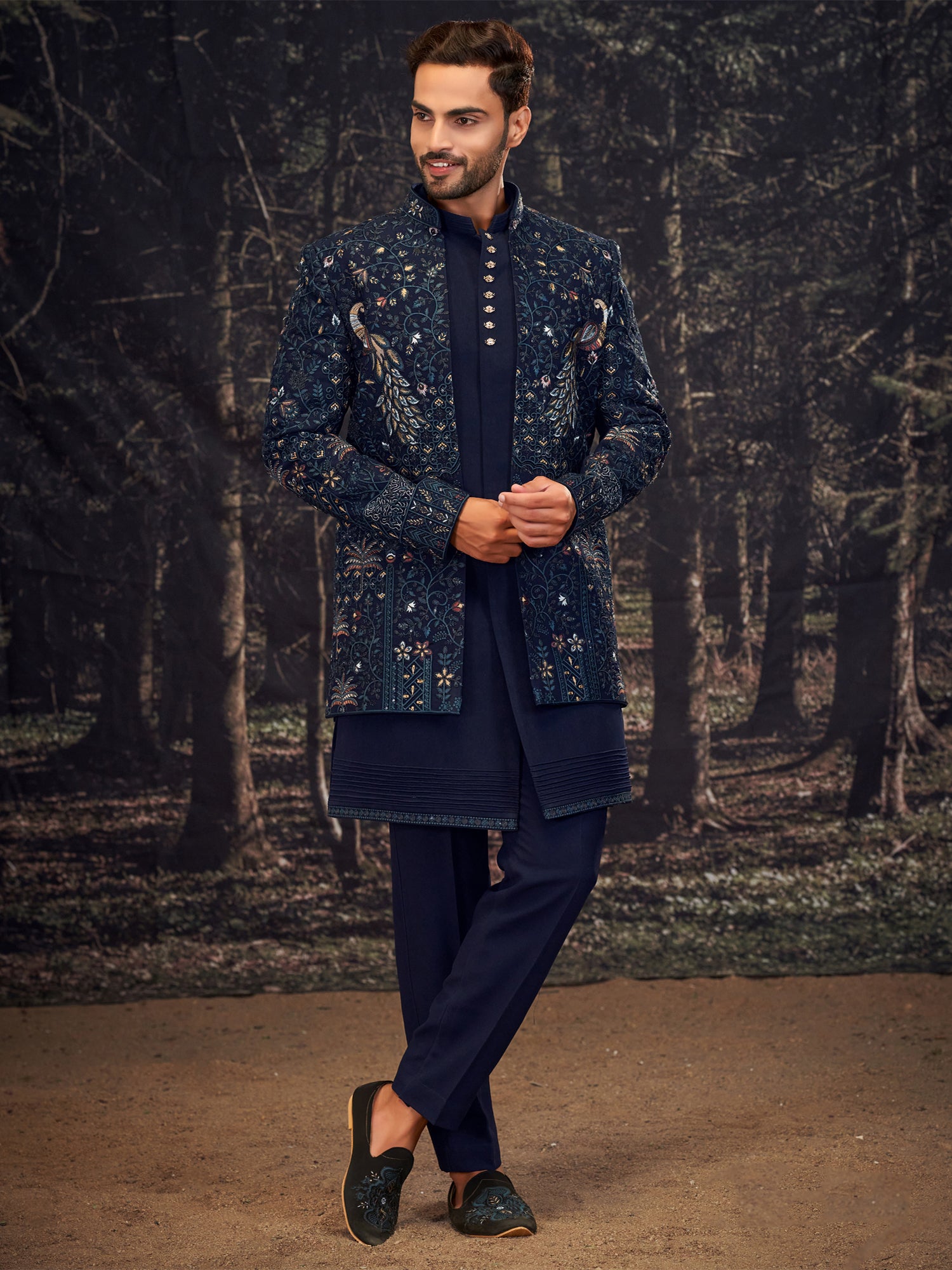 Navy Blue Jacket Style Indowestern In Heavy Embroidery