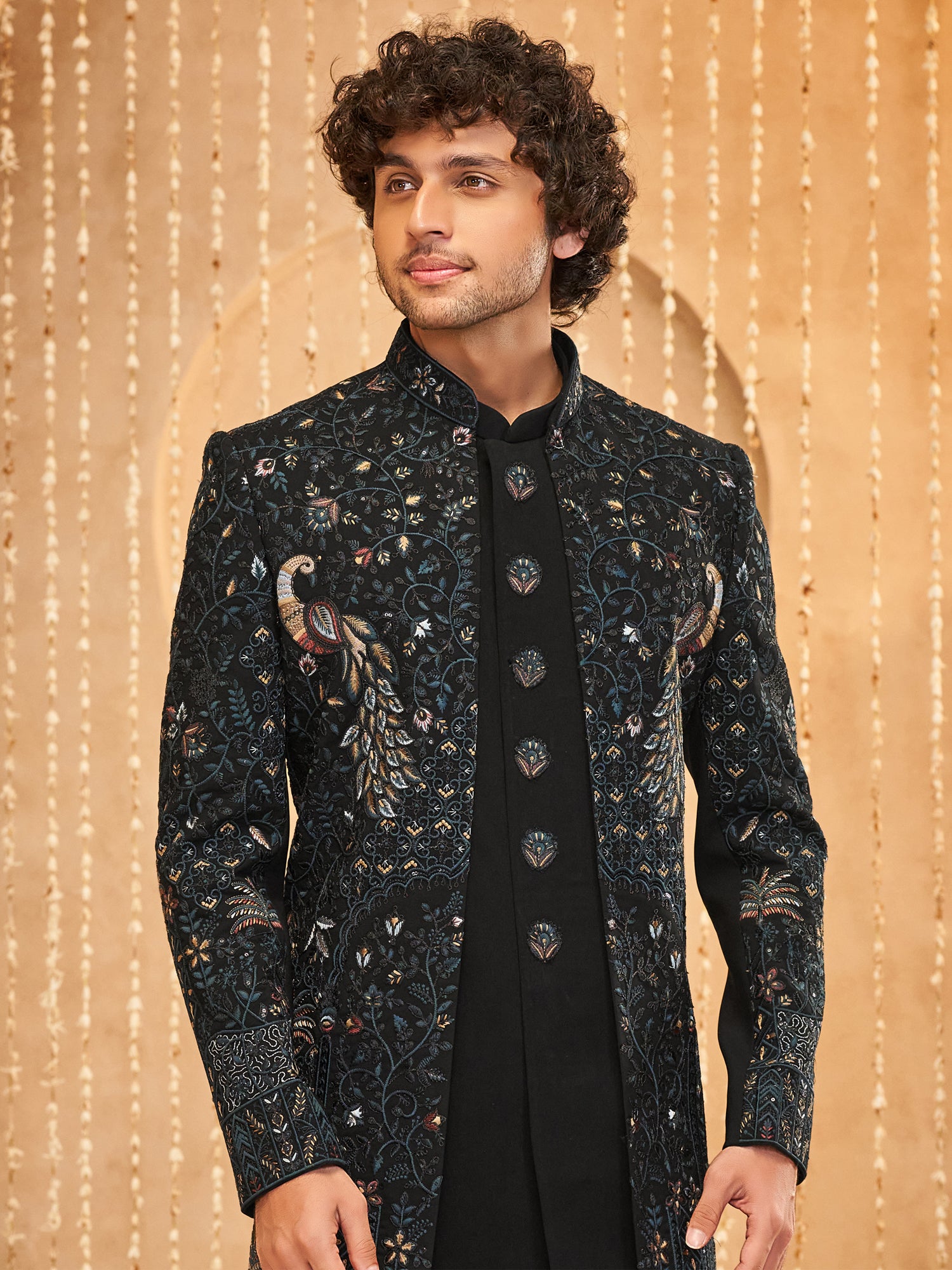Black Floral Augmented Menswear Indowestern Set