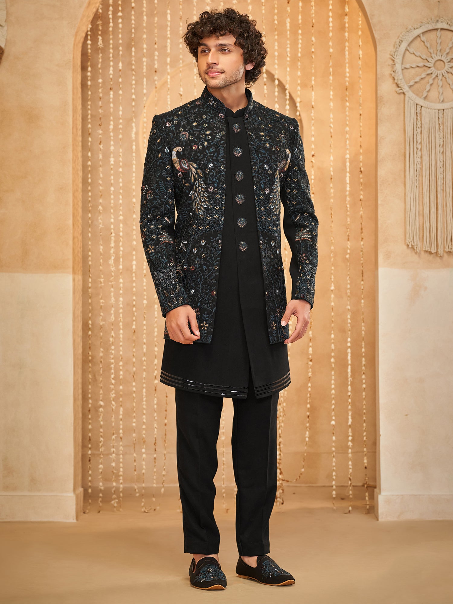 Black Floral Augmented Menswear Indowestern Set