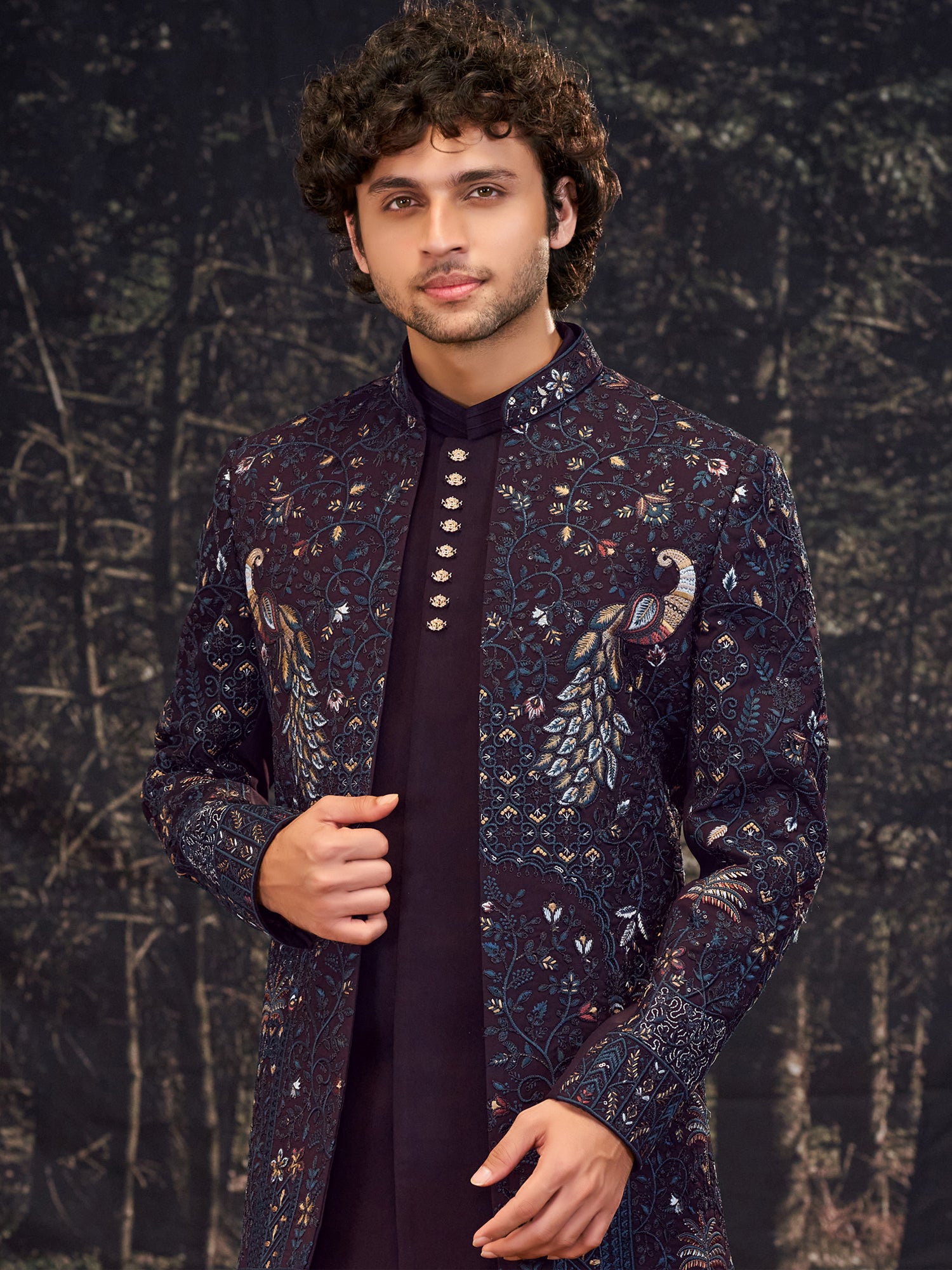 Wine Men's Jacketed Style Indowestern Set In Silk