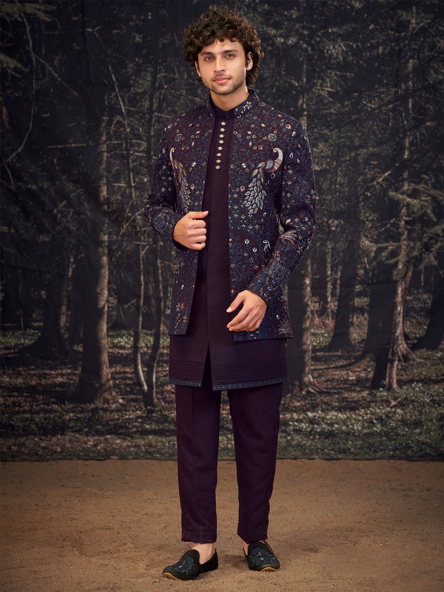 Wine Men's Jacketed Style Indowestern Set In Silk