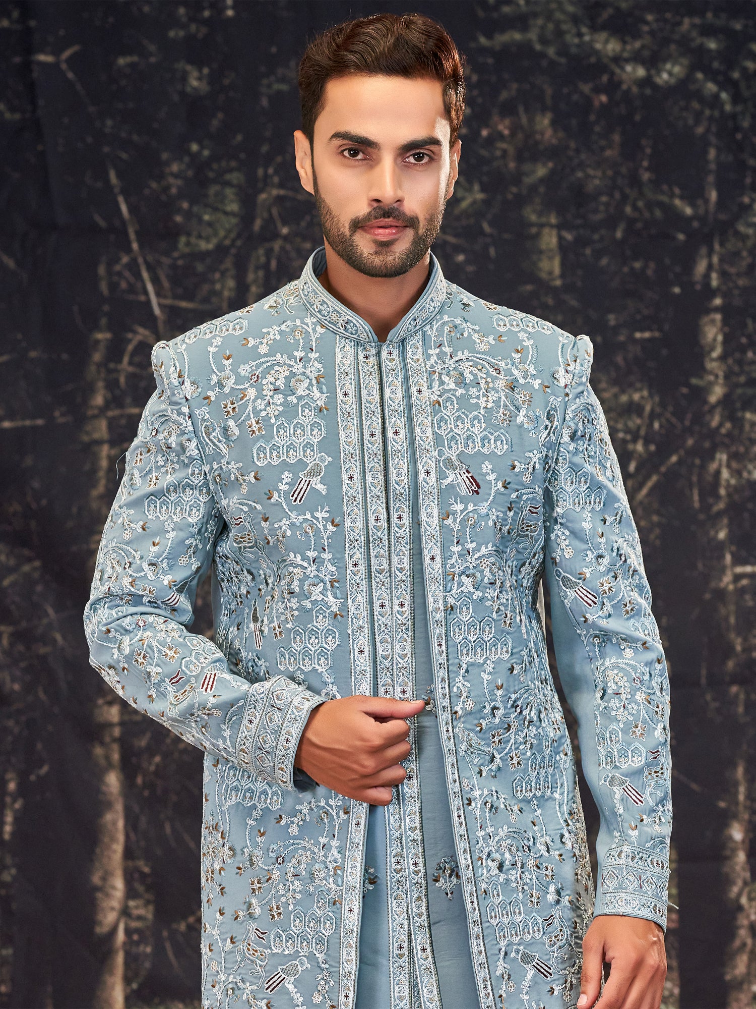 Light Blue Sequins Work Layered Stylle Indowestern