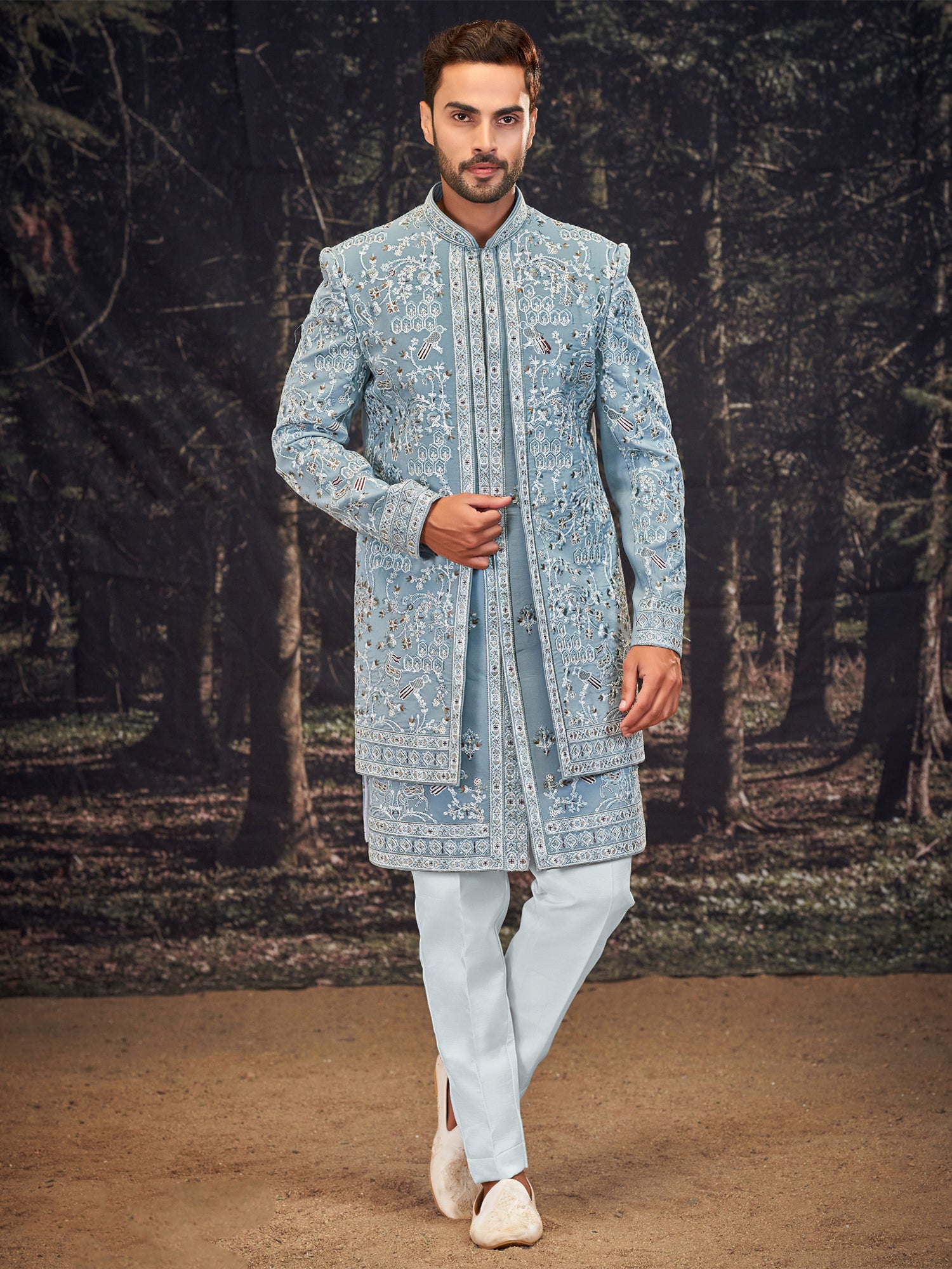 Light Blue Sequins Work Layered Stylle Indowestern