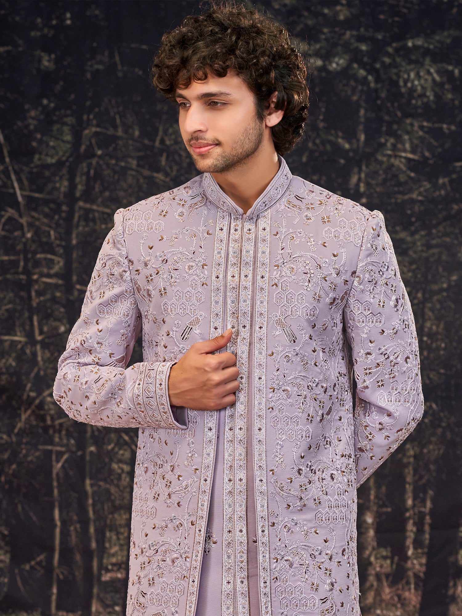 Lilac Heavy Thread Embellished Indowestern For Men