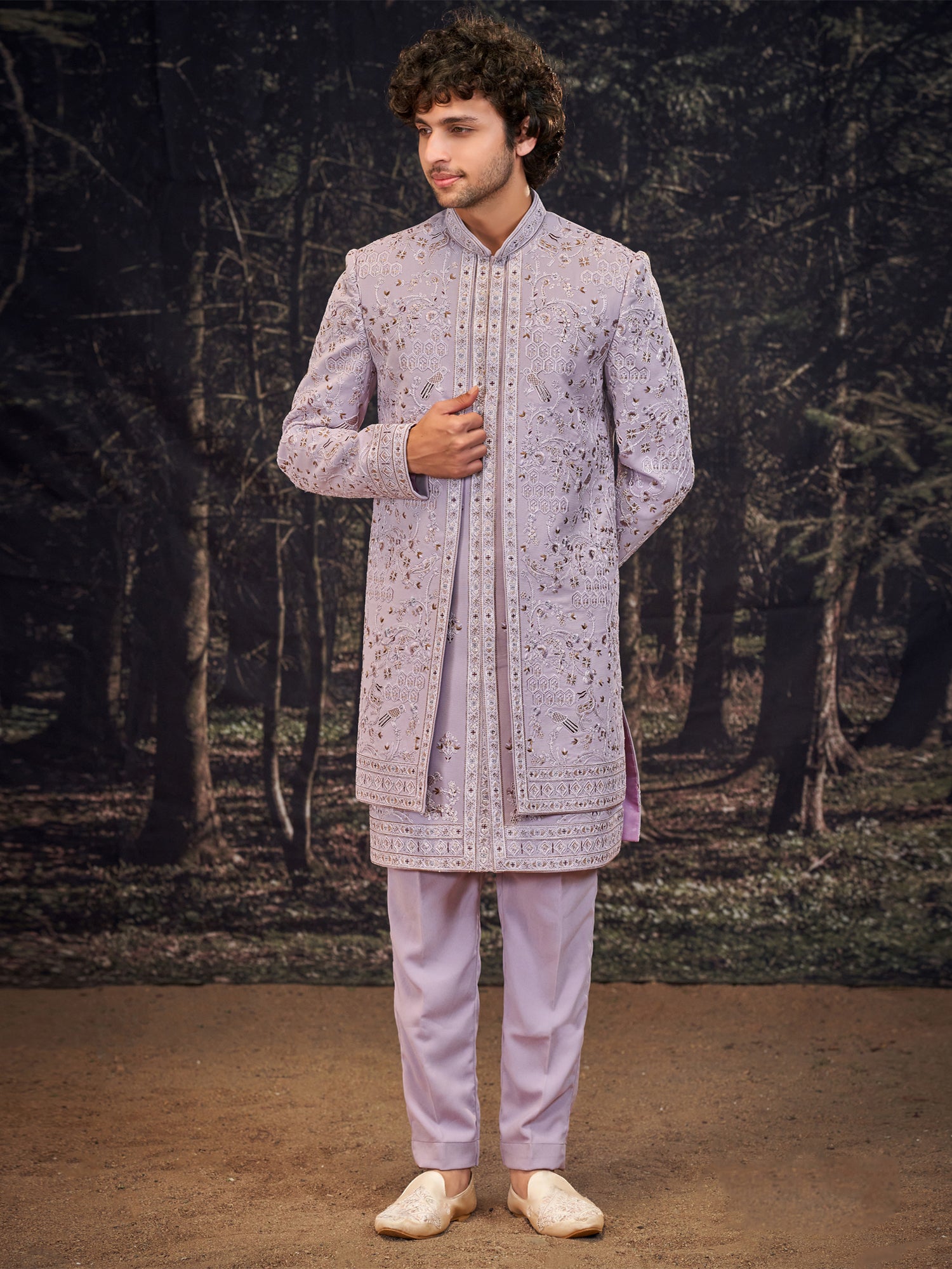 Lilac Heavy Thread Embellished Indowestern For Men