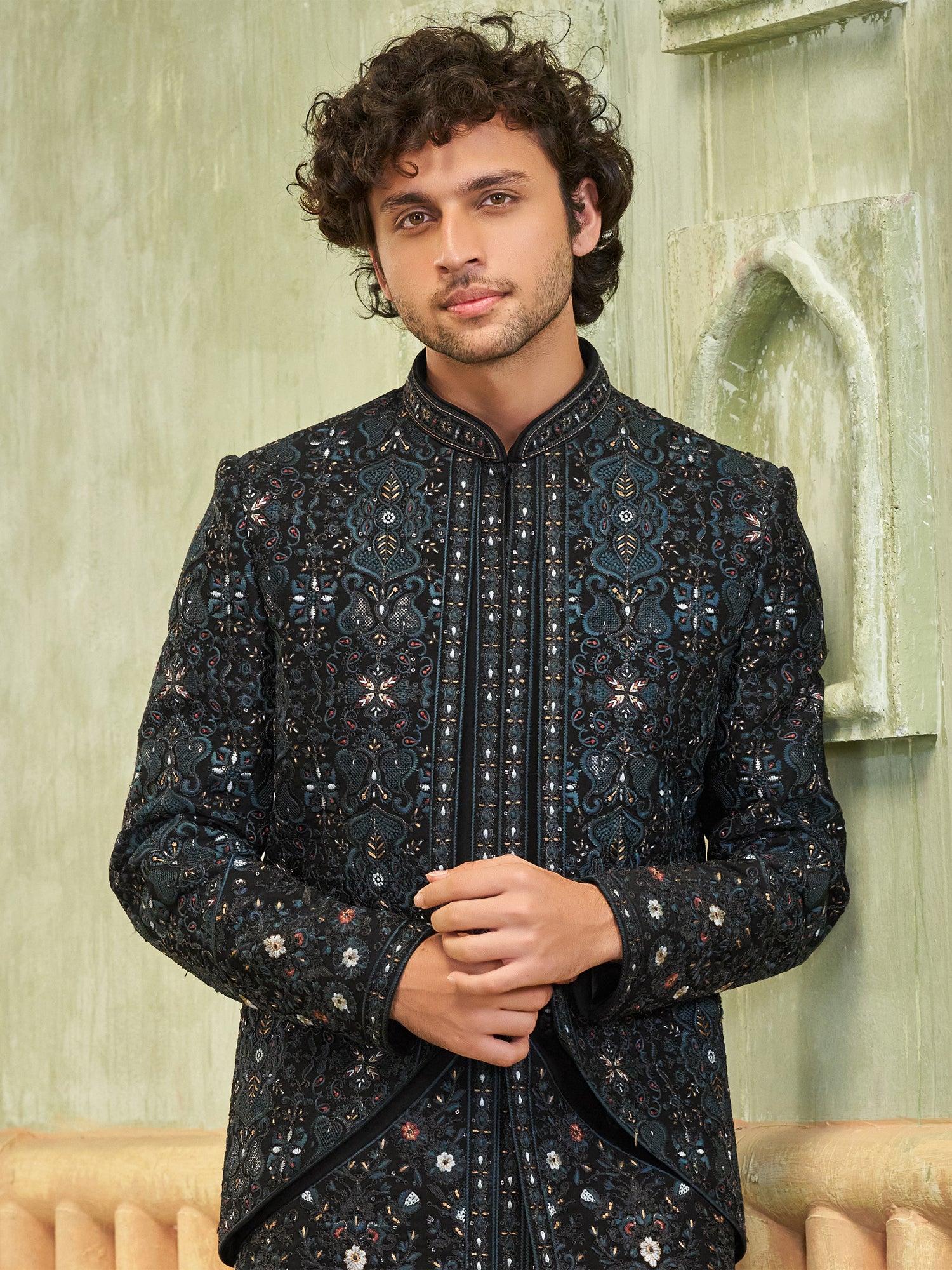Black Heavy Embroidered Indo Western For Men