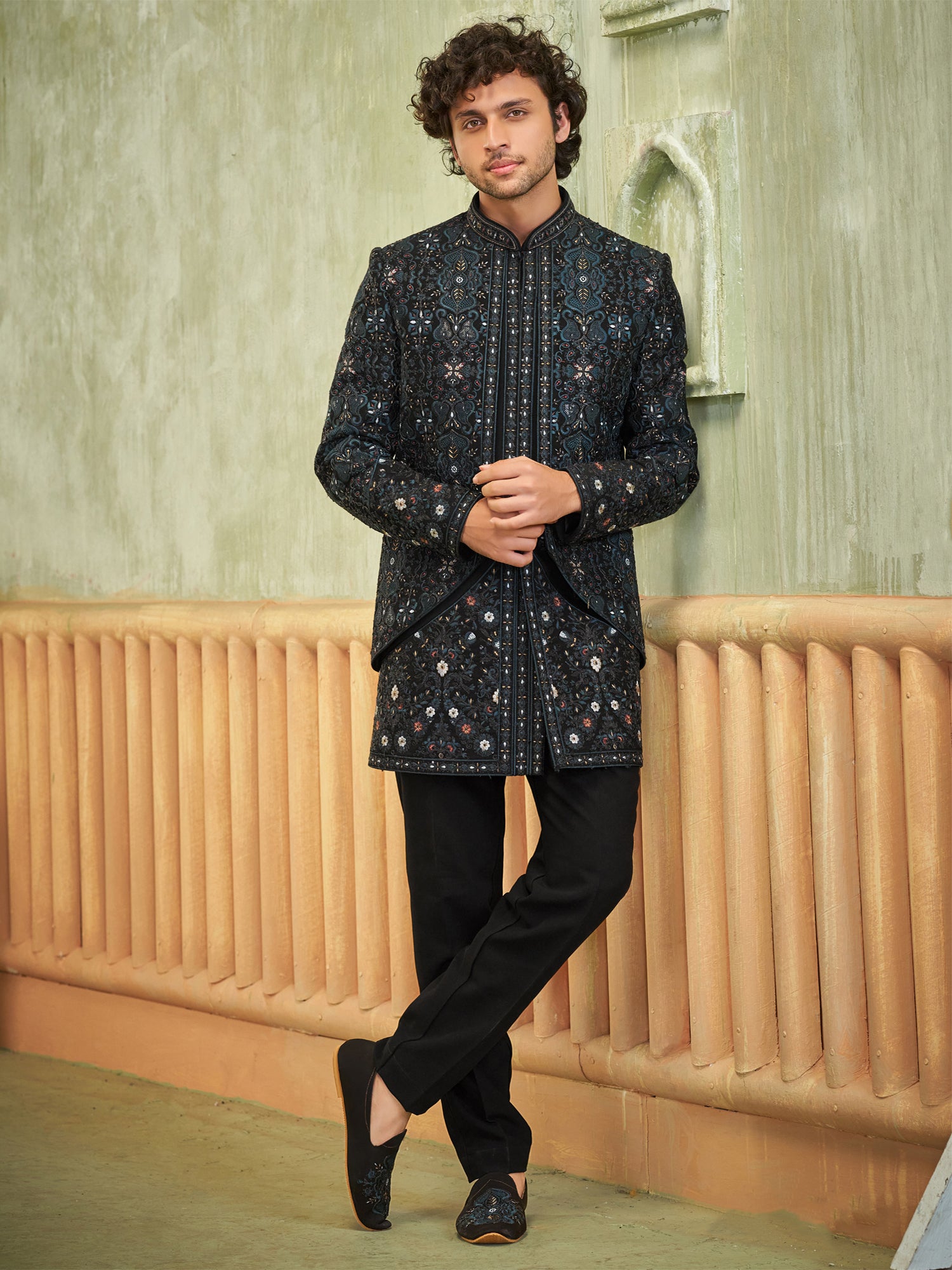 Black Heavy Embroidered Indo Western For Men