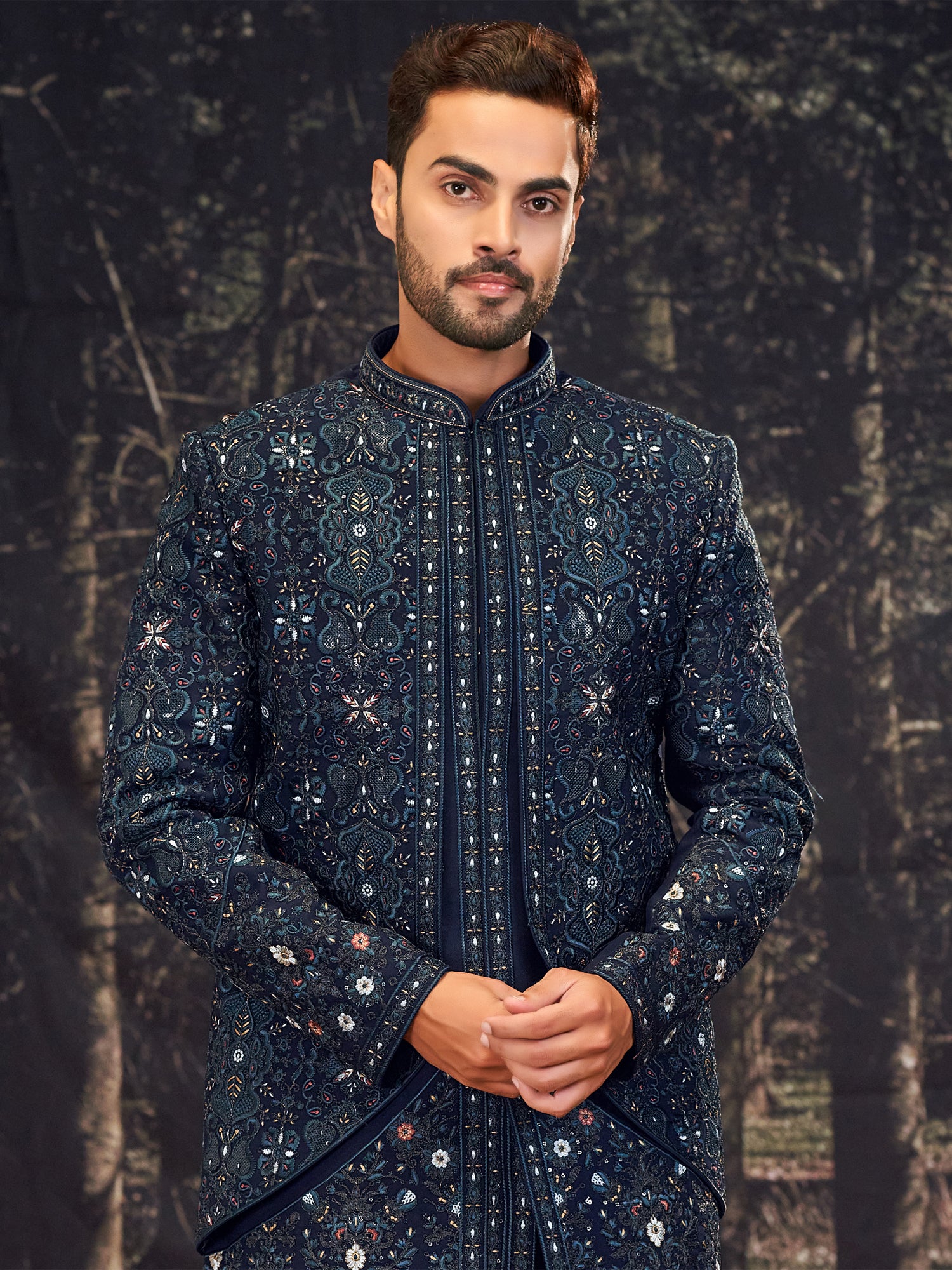Navy Blue Embroidered Layered Indo western For Men