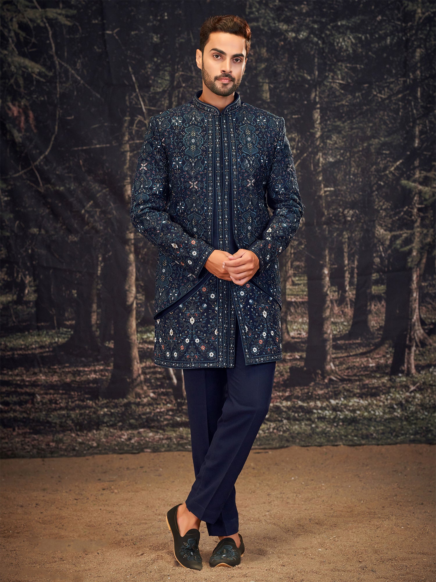 Navy Blue Embroidered Layered Indo western For Men