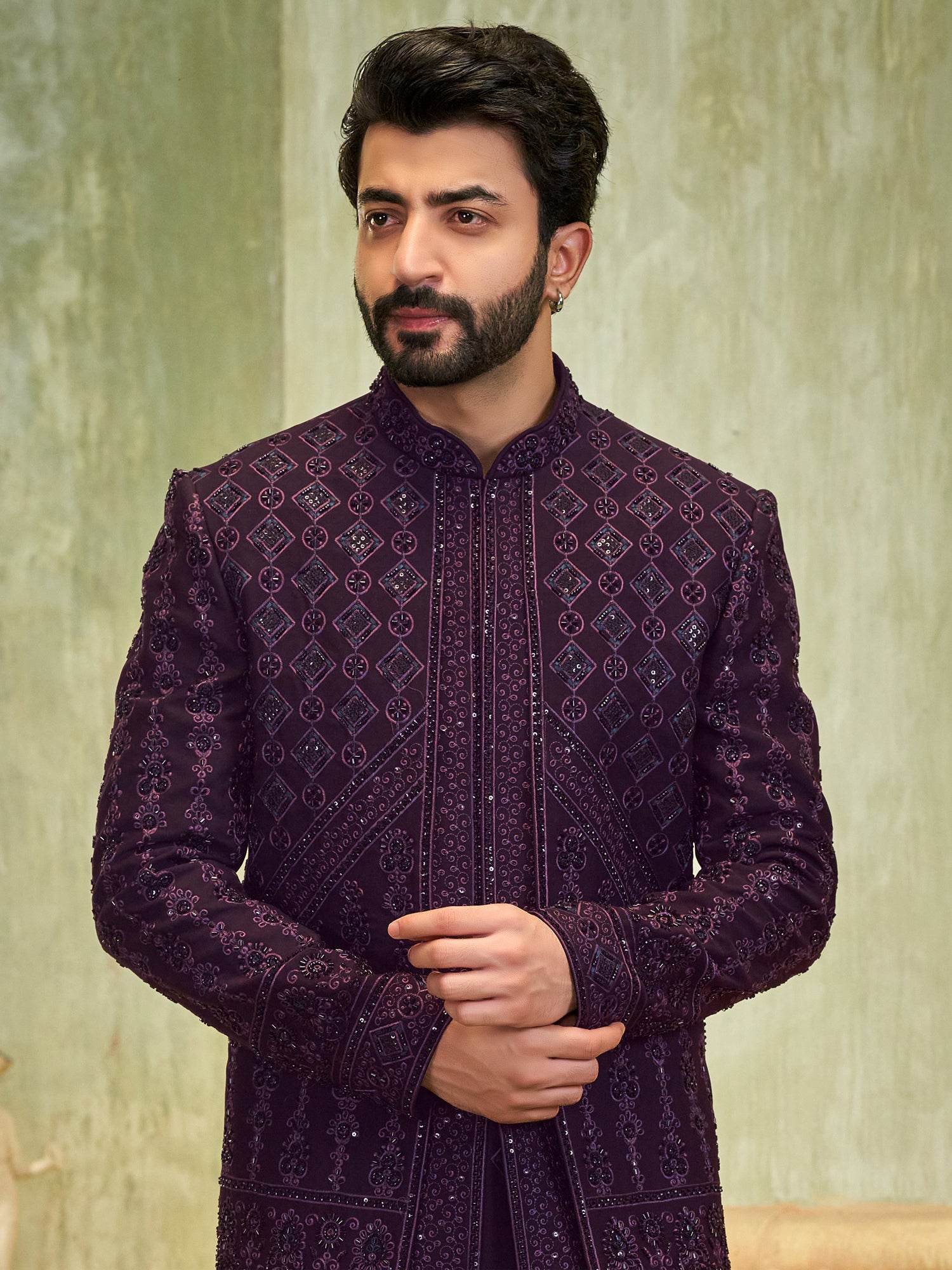 Wine Attached Jacket Indo Western for Groom