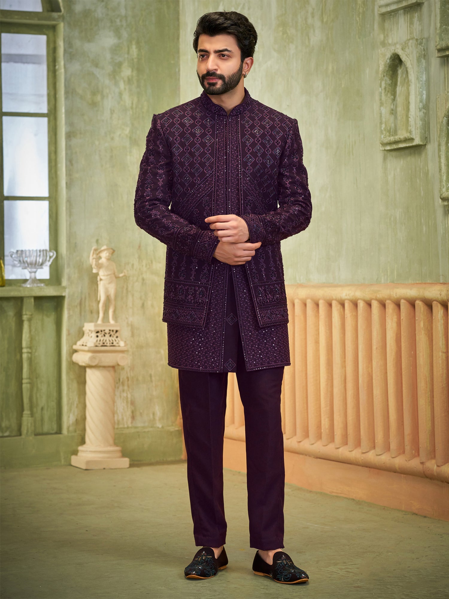 Wine Attached Jacket Indo Western for Groom