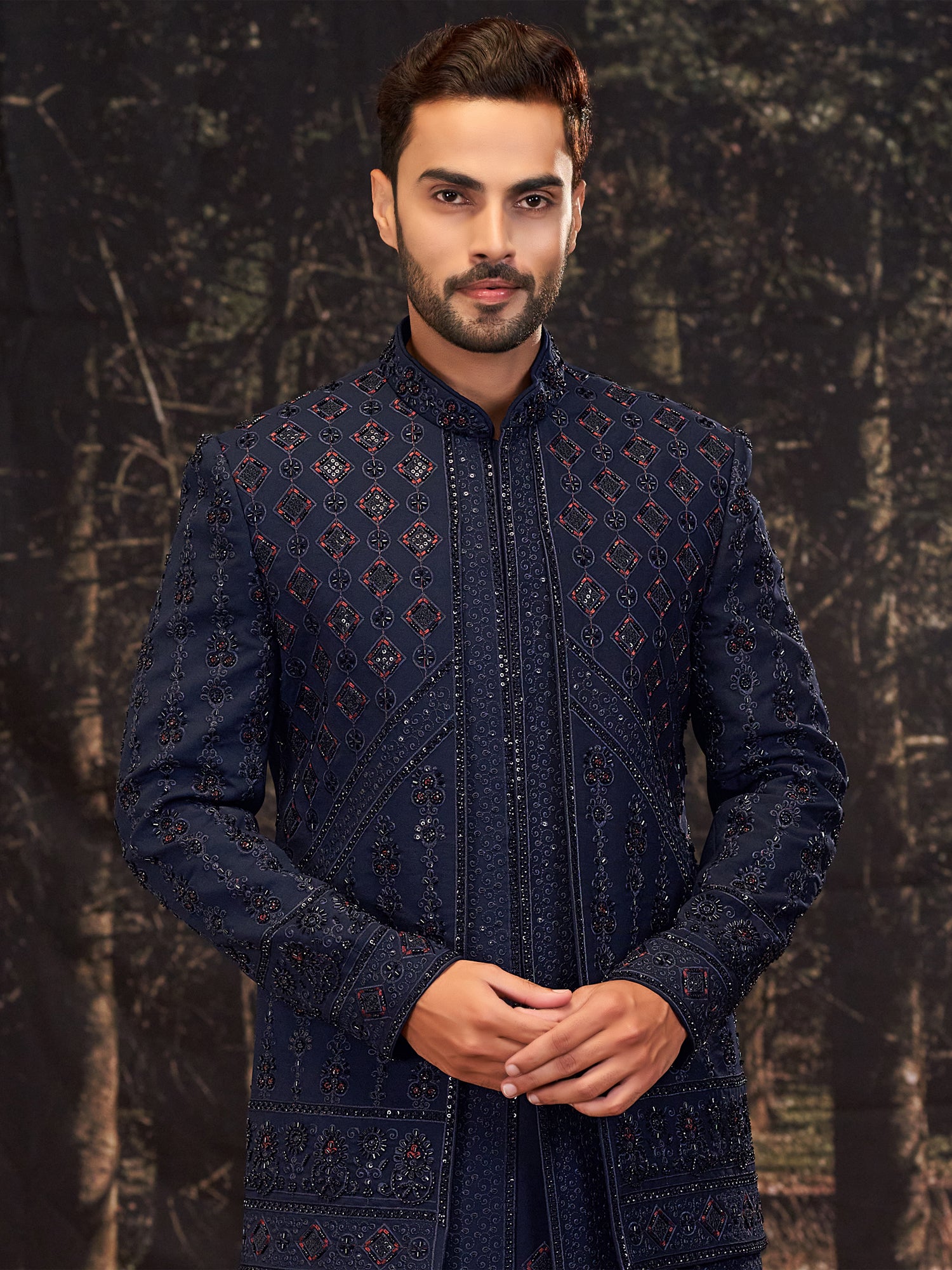 Deep Blue Sequins Embellished Indowestern In Silk
