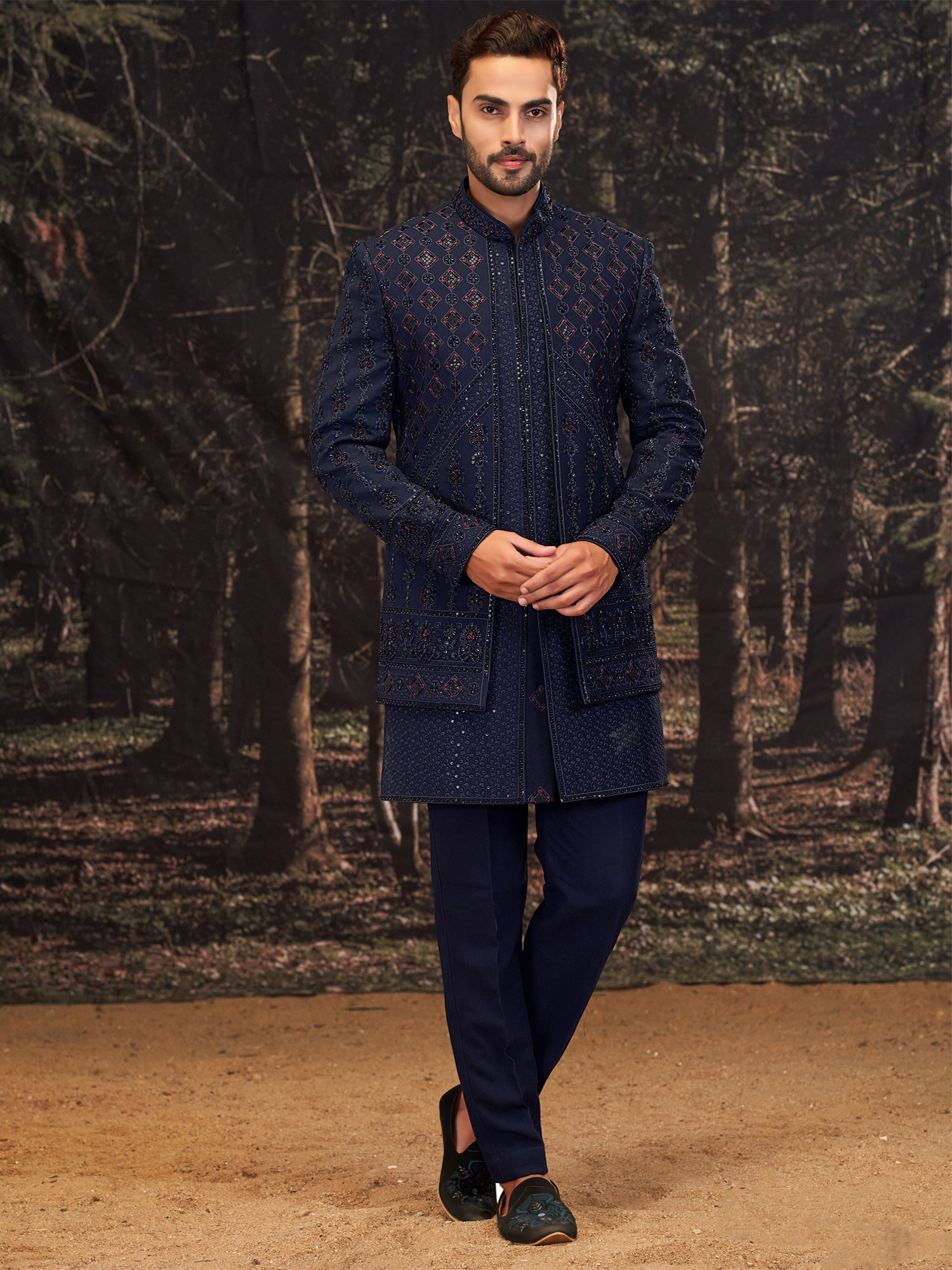 Deep Blue Sequins Embellished Indowestern In Silk