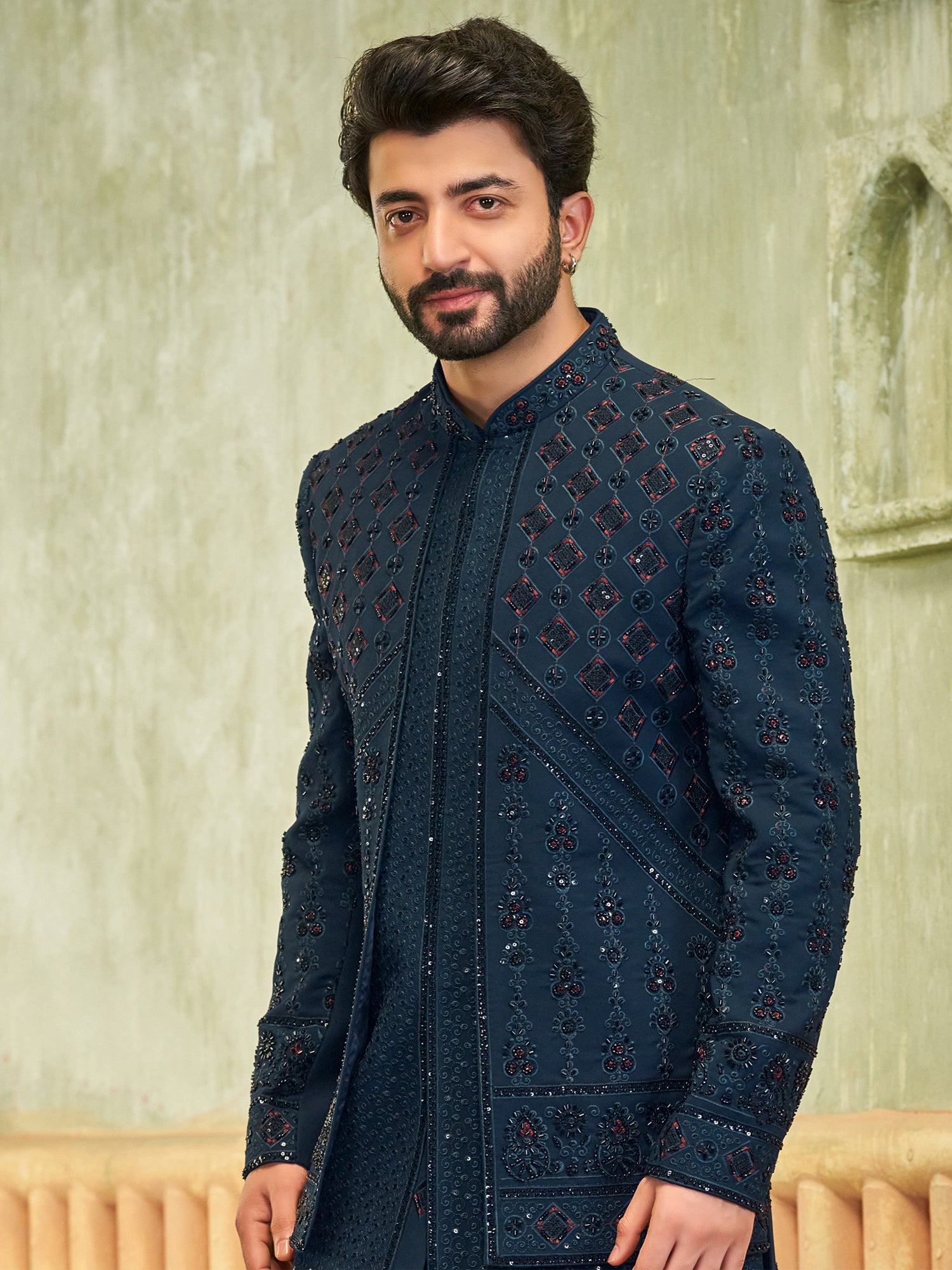 Rama Green Layered Indowestern With Sequins Embellishment