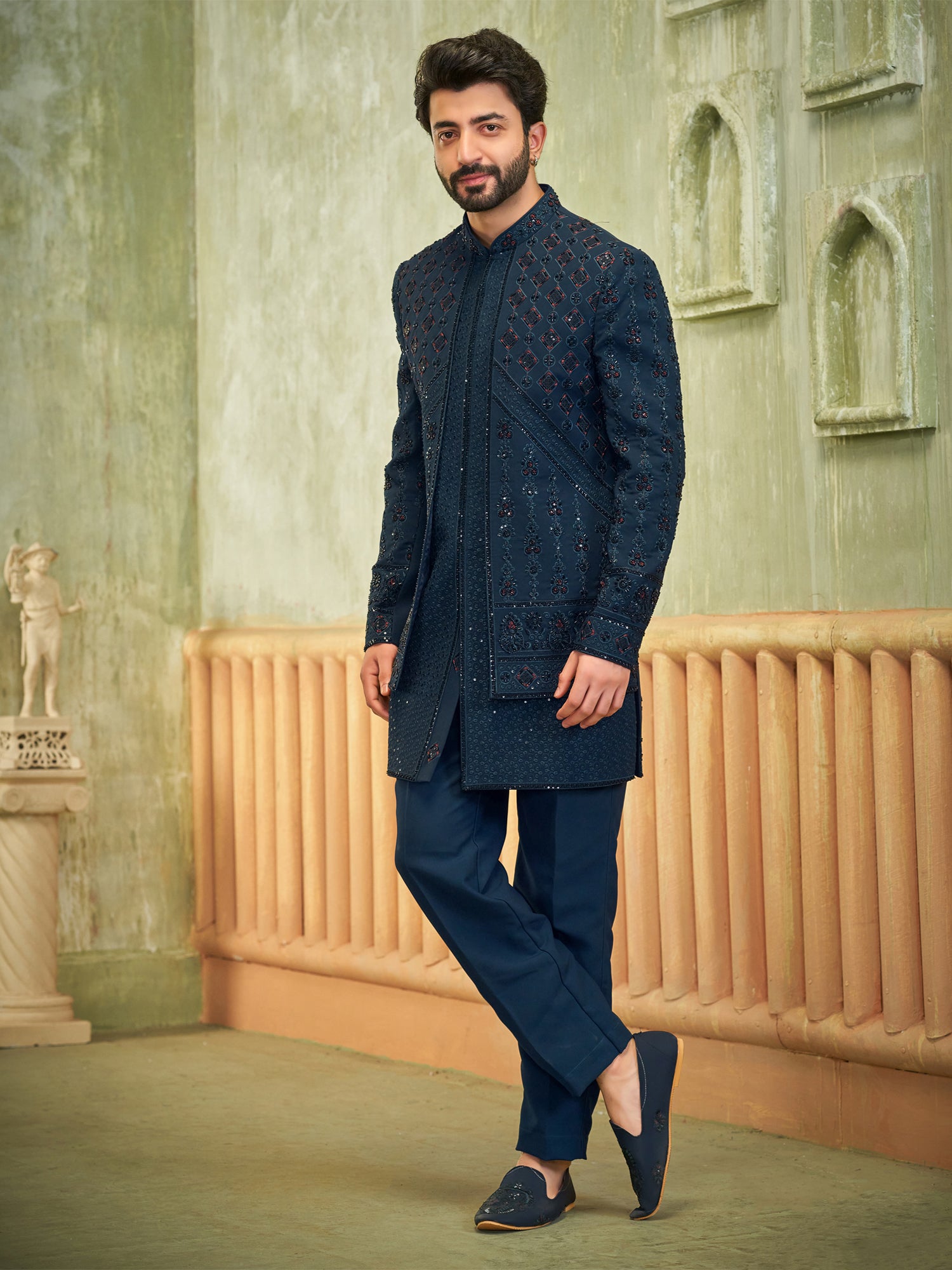 Rama Green Layered Indowestern With Sequins Embellishment