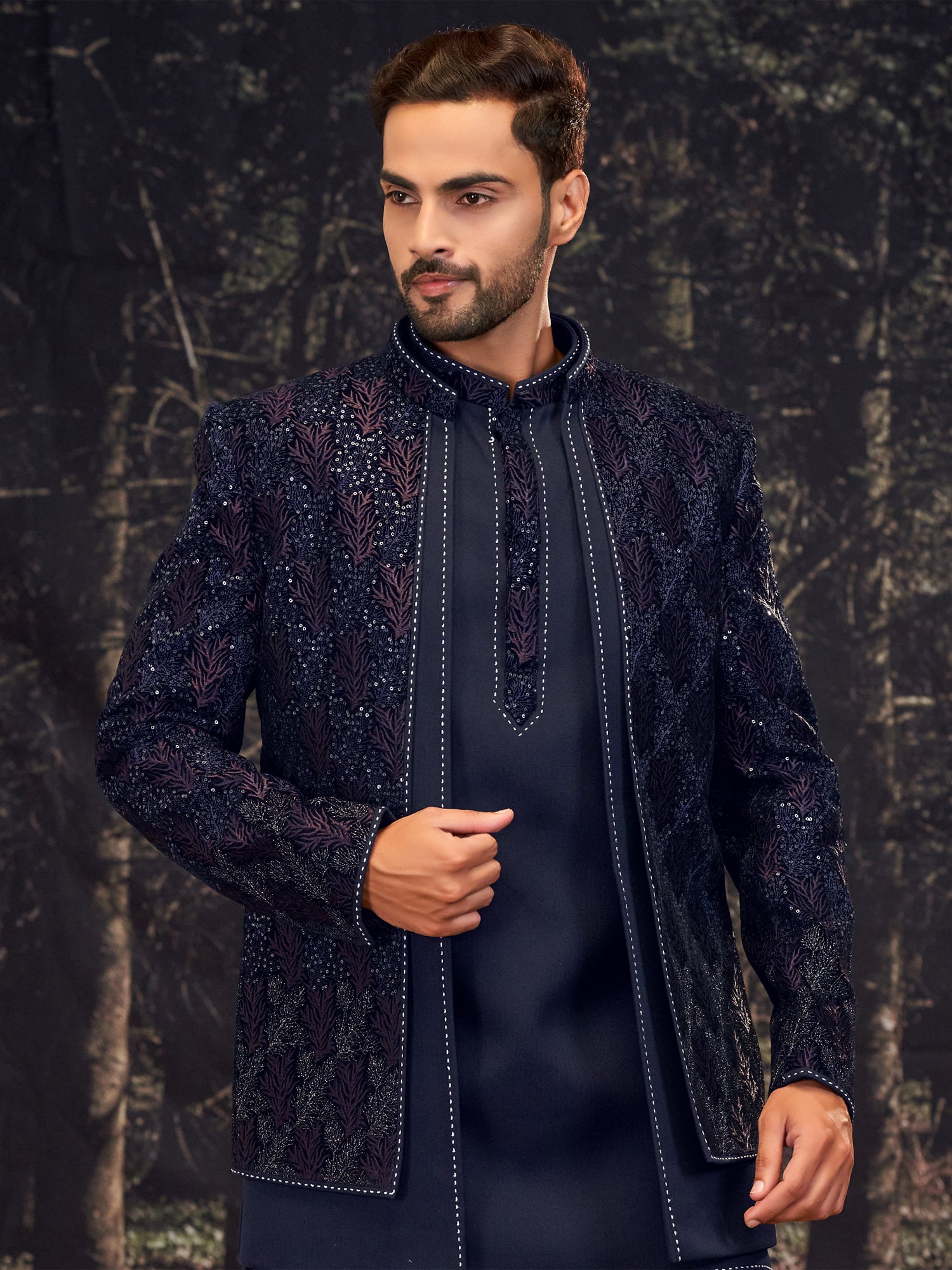 Navy Blue Men's Indowestern With Layered Style Jacket