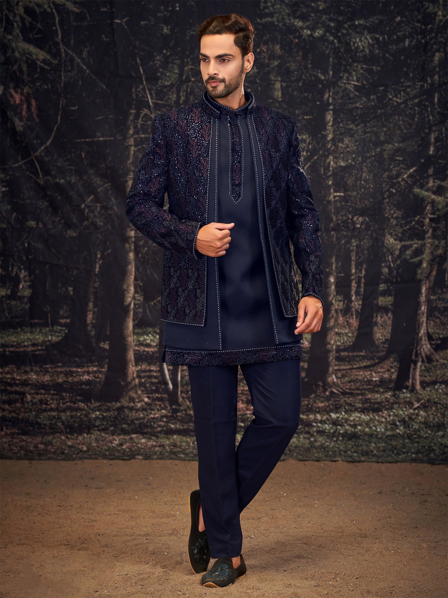 Navy Blue Men's Indowestern With Layered Style Jacket