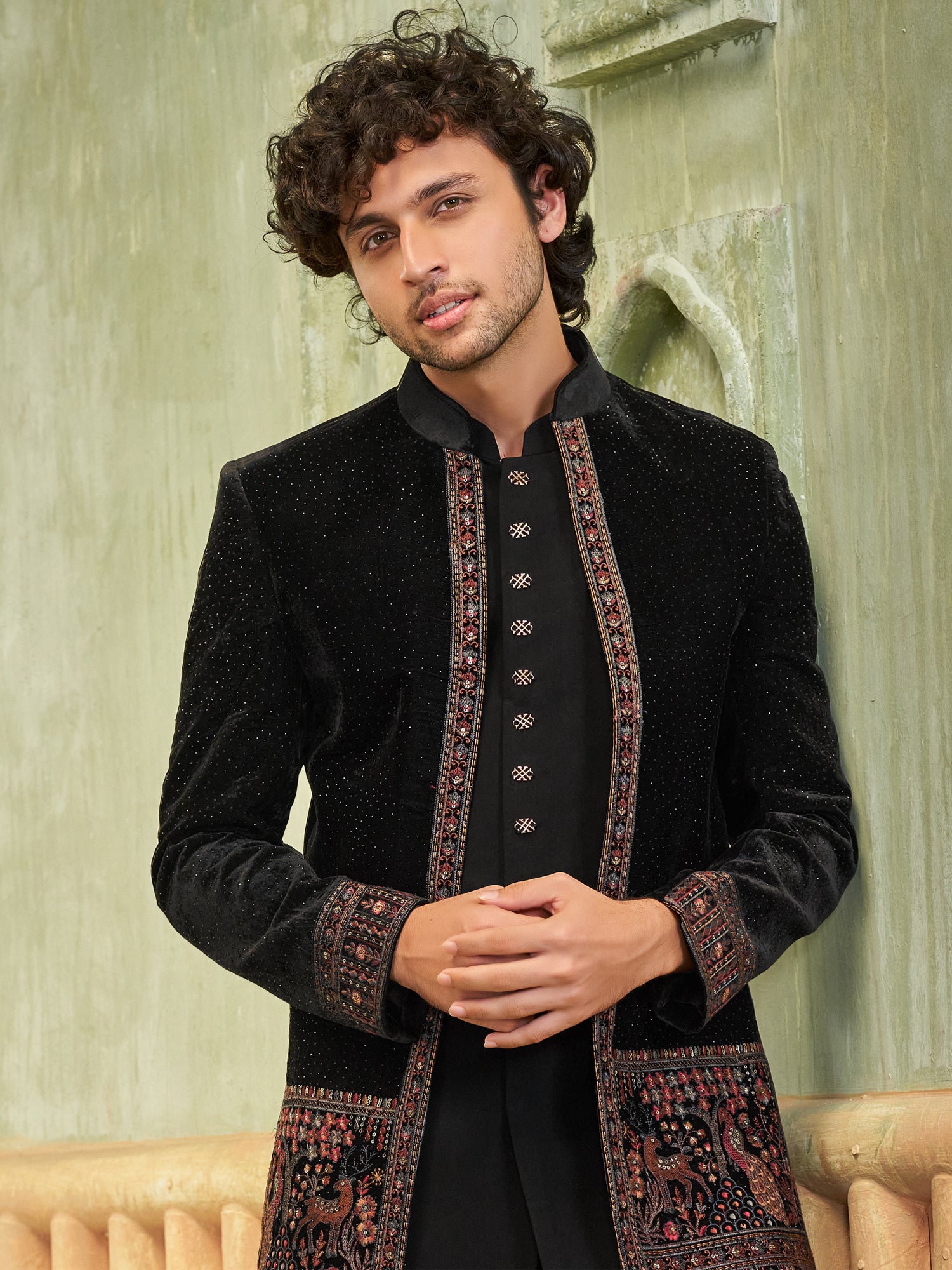 Black Thread Embellished Indo Western For Men