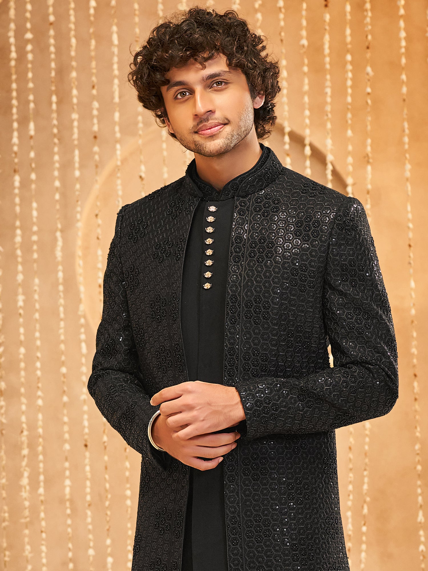 Black Achkan Style Indowestern With Open Jacket