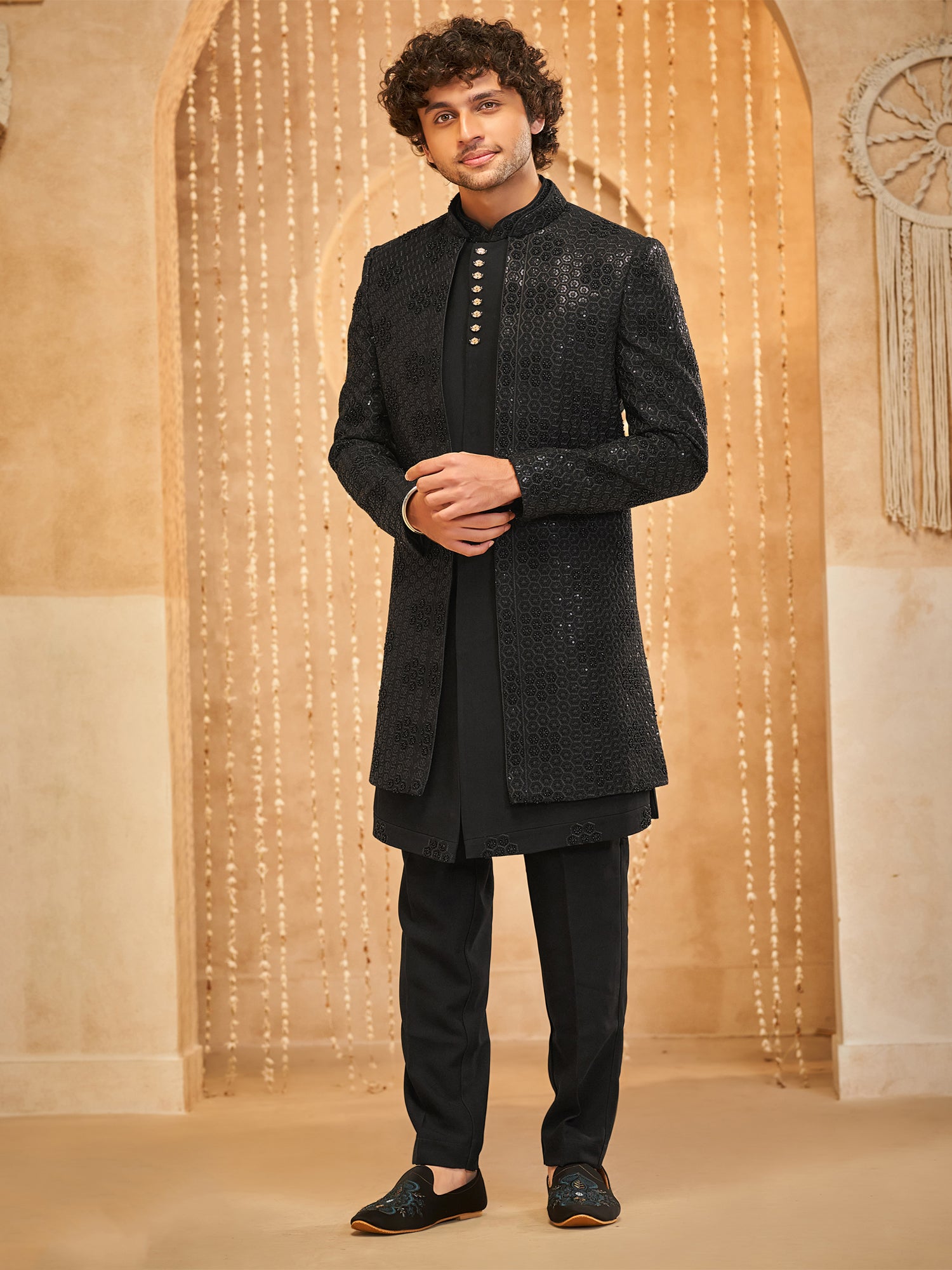 Black Achkan Style Indowestern With Open Jacket
