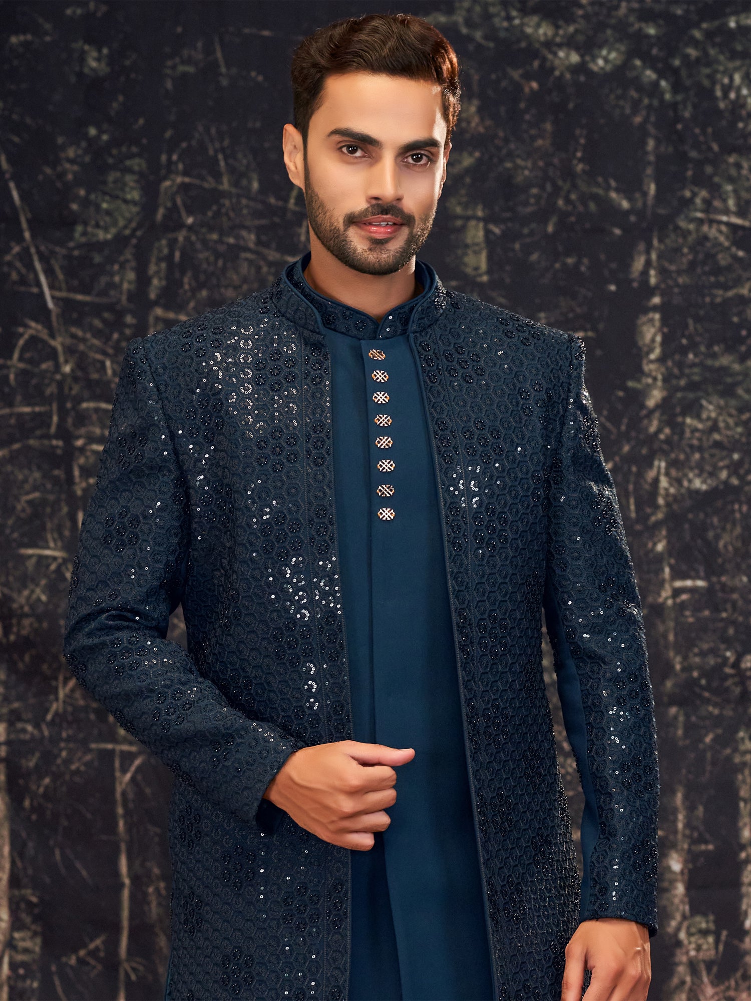 Blue Sequins Work Wedding Indowestern Set For Men