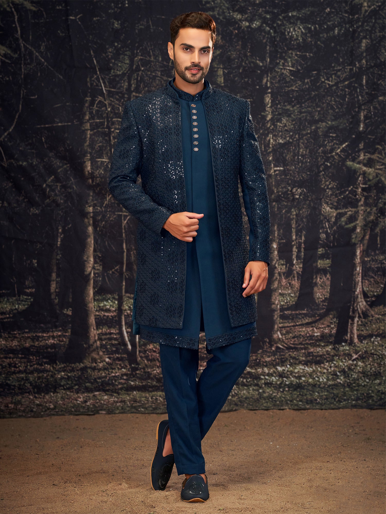Blue Sequins Work Wedding Indowestern Set For Men