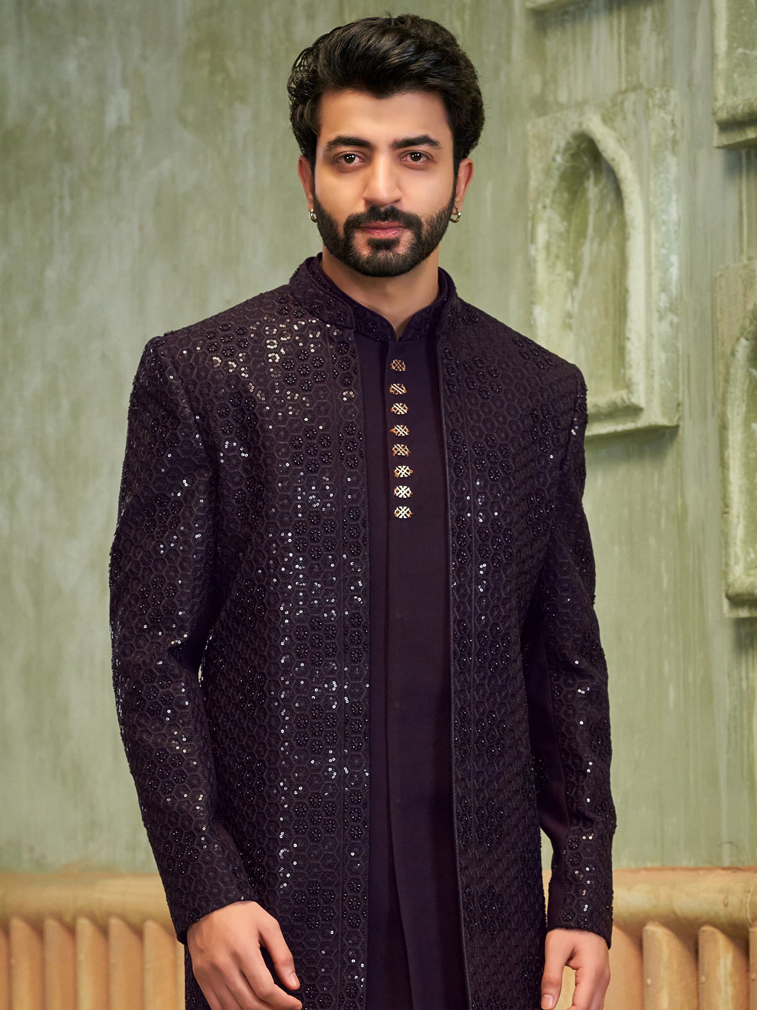 Wine Menswear Indowestern Set In Achkan Style