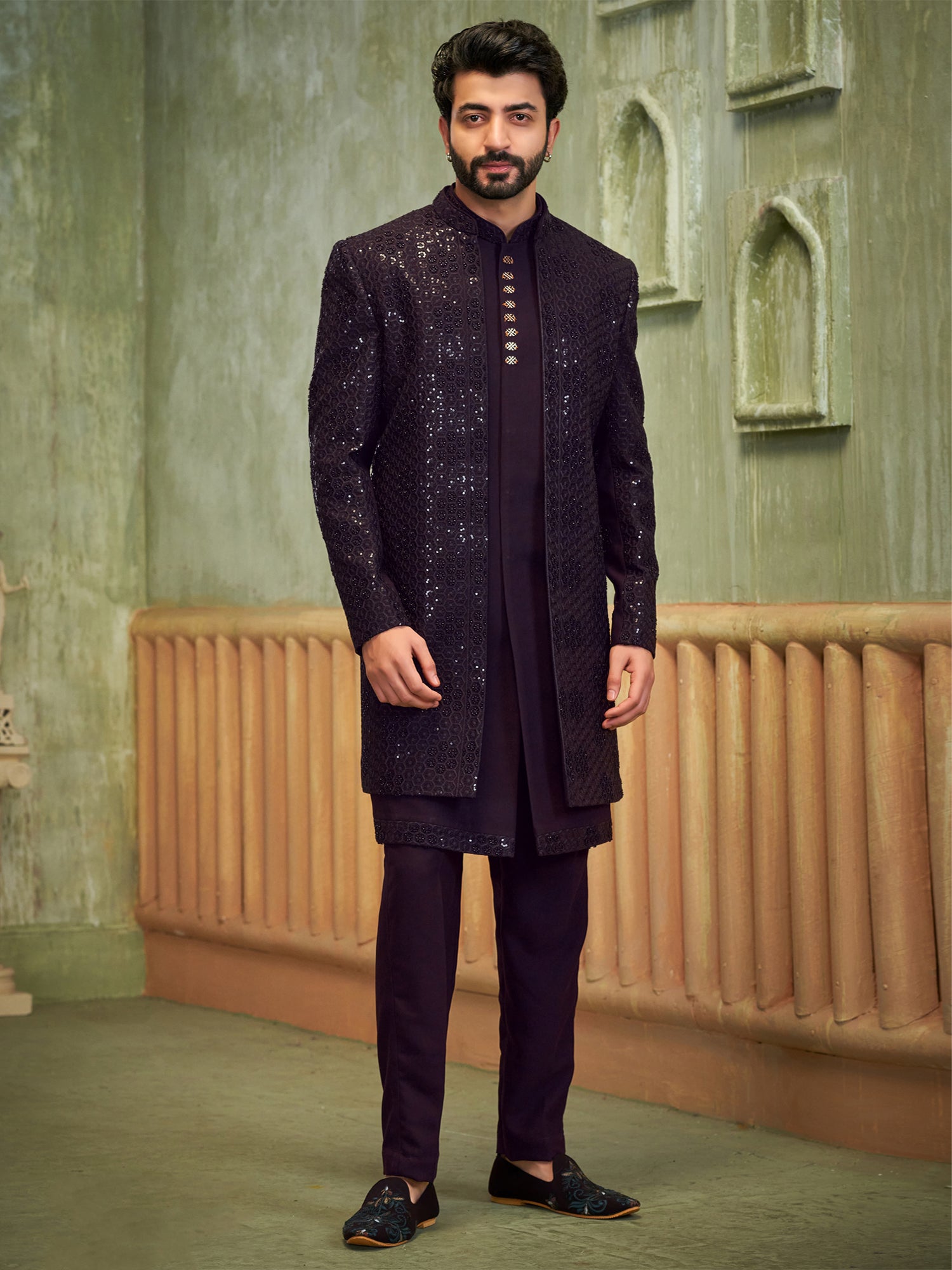 Wine Menswear Indowestern Set In Achkan Style