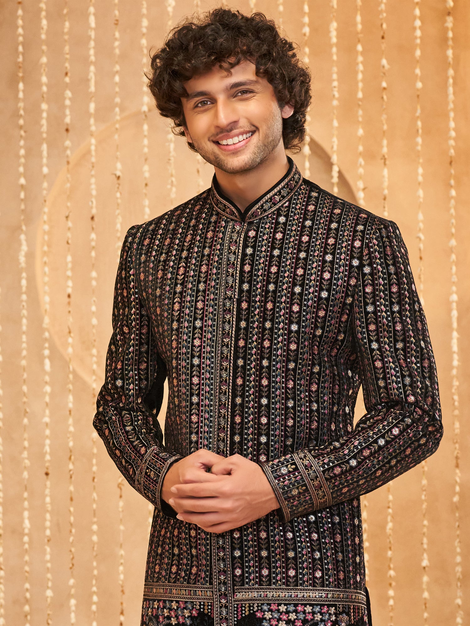 Black Floral Embroidered Achkan Style Indowestern