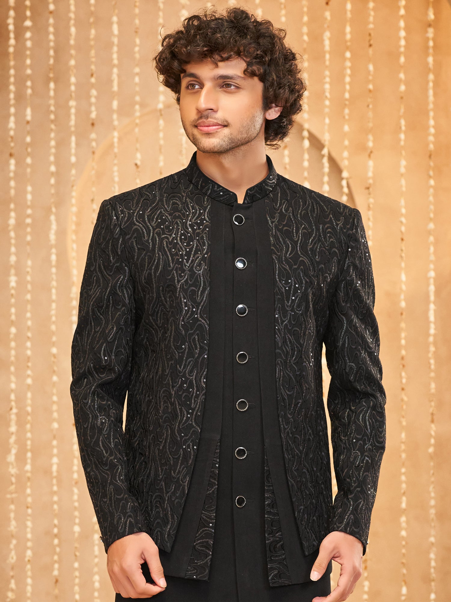 Black Sequins Jacketed Style Indo Western For Men