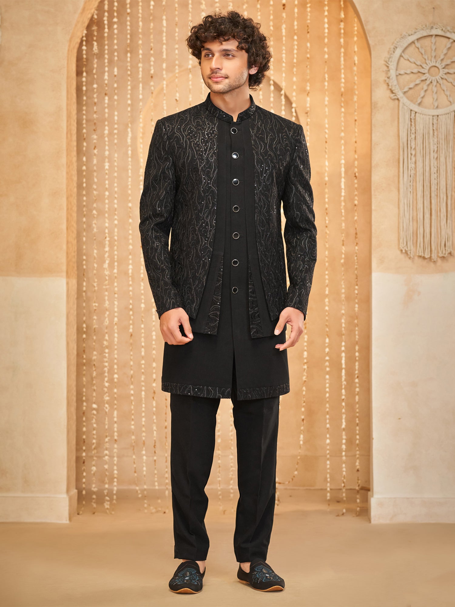 Black Sequins Jacketed Style Indo Western For Men