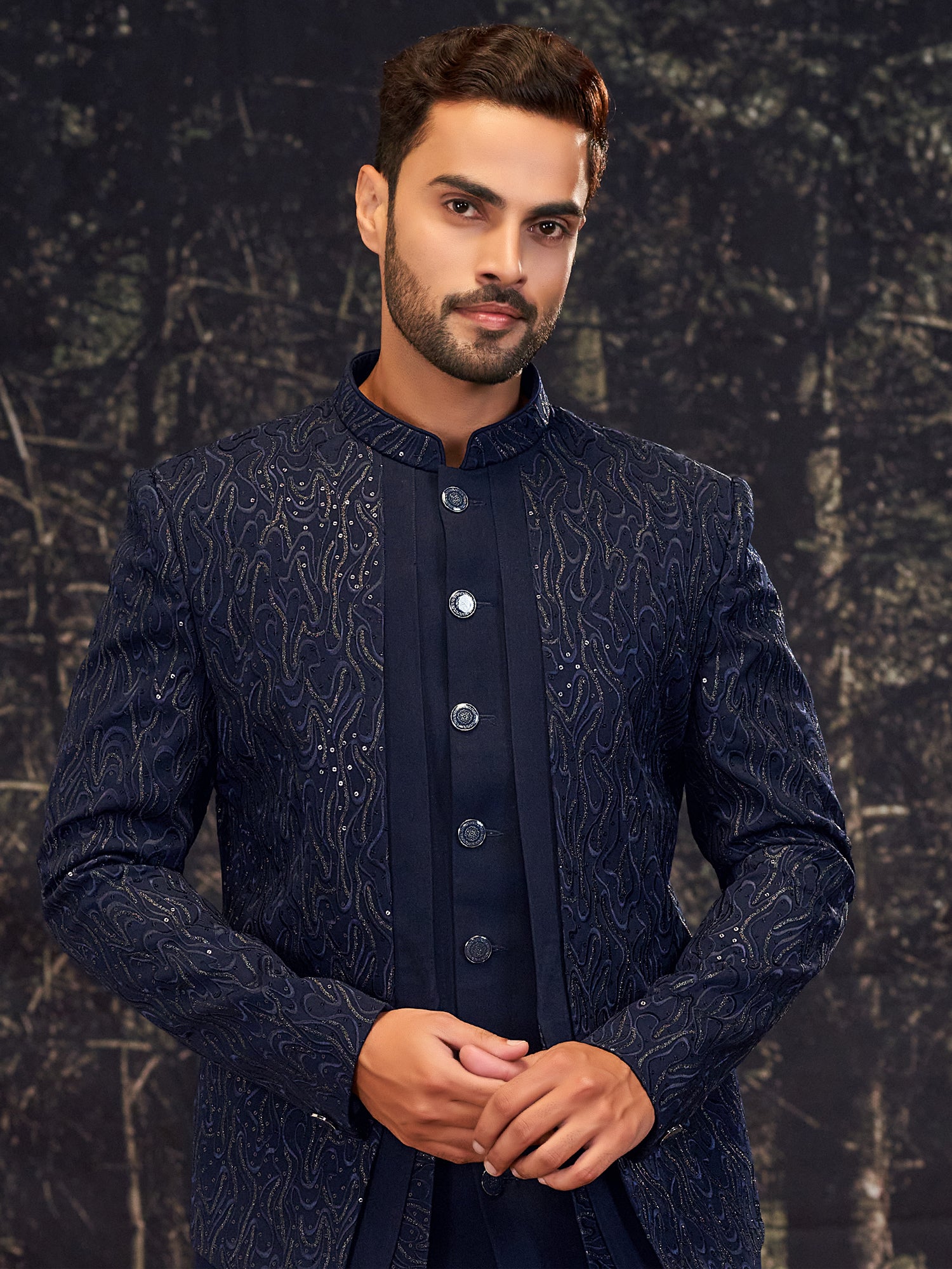 Navy Blue Embroidered Indowestern In Layered Style