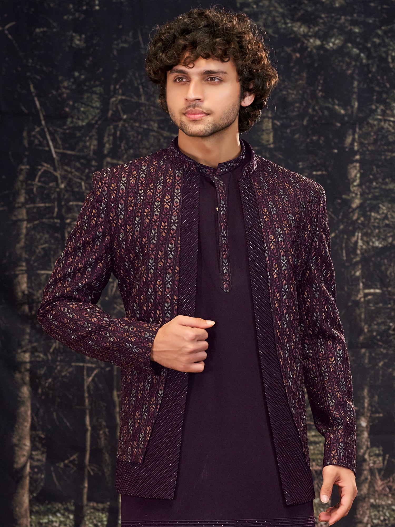 Wine Wedding Wear Indowestern With Layered Jacket